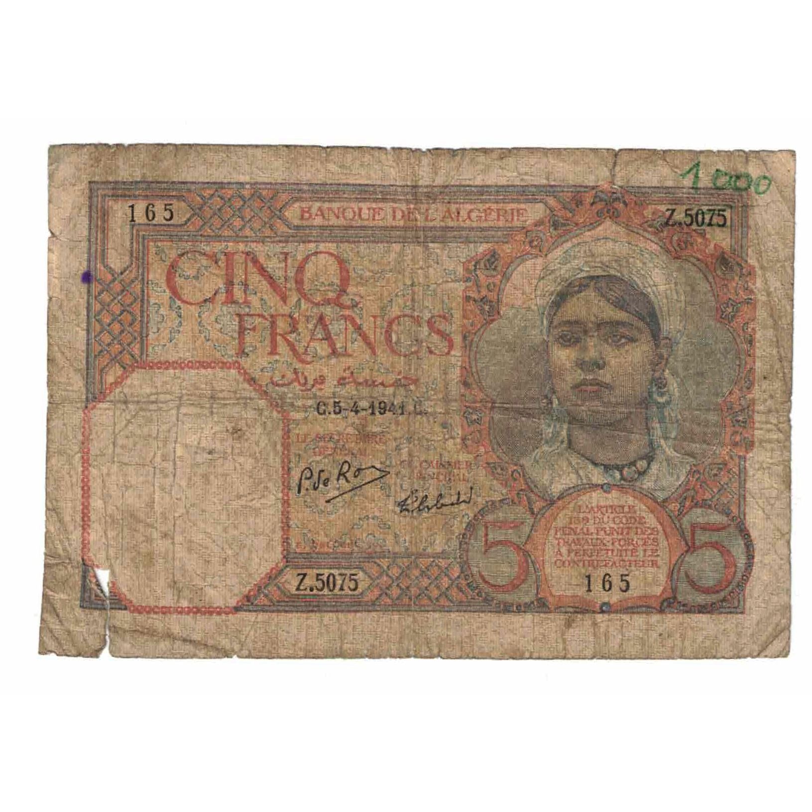 Banknote, Algeria, 5 Francs, 1941, 1941-04-05, KM:77b, AG(1-3)