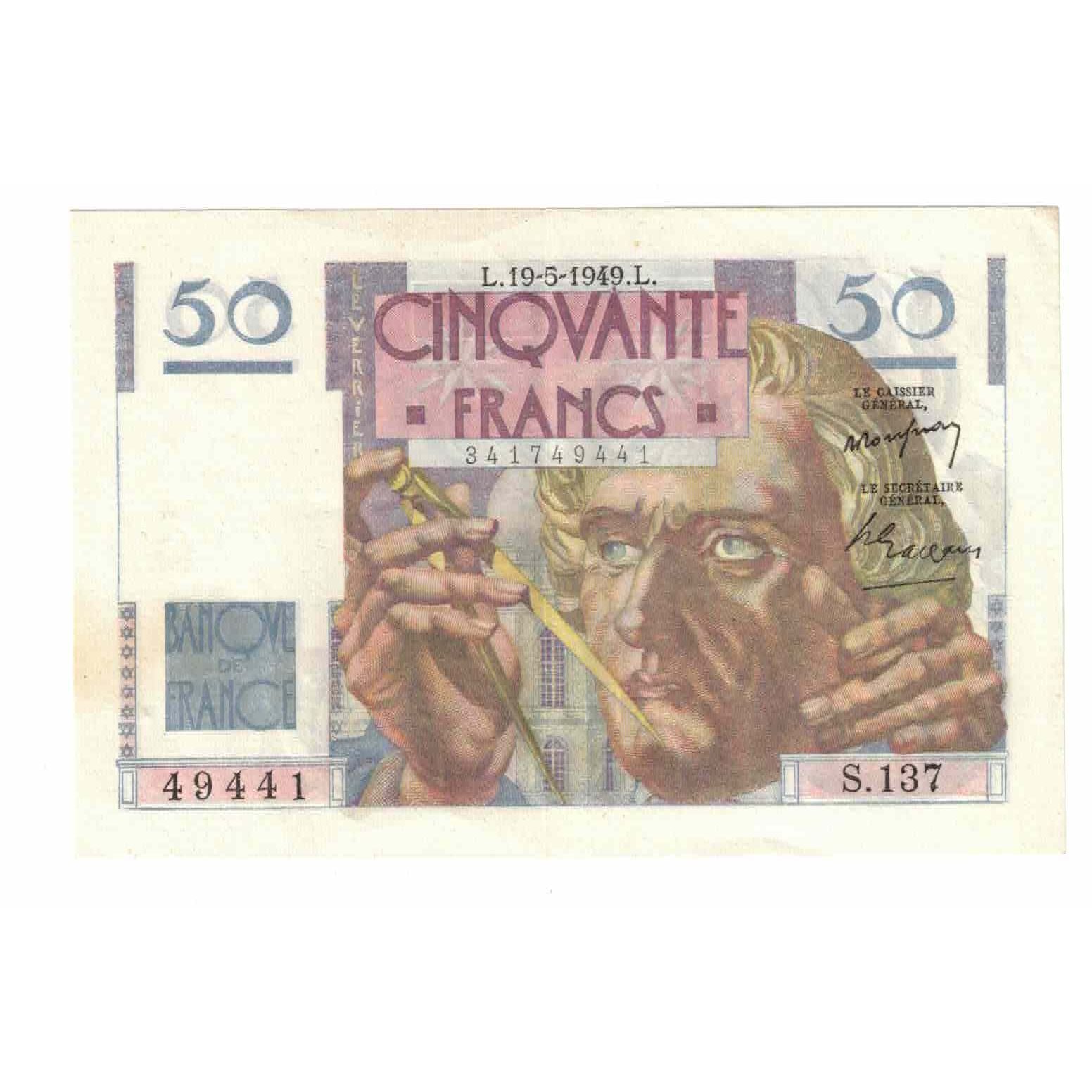 France, 50 Francs, Le Verrier, 1949, S.137, AU(55-58), Fayette:20.12, KM:127b