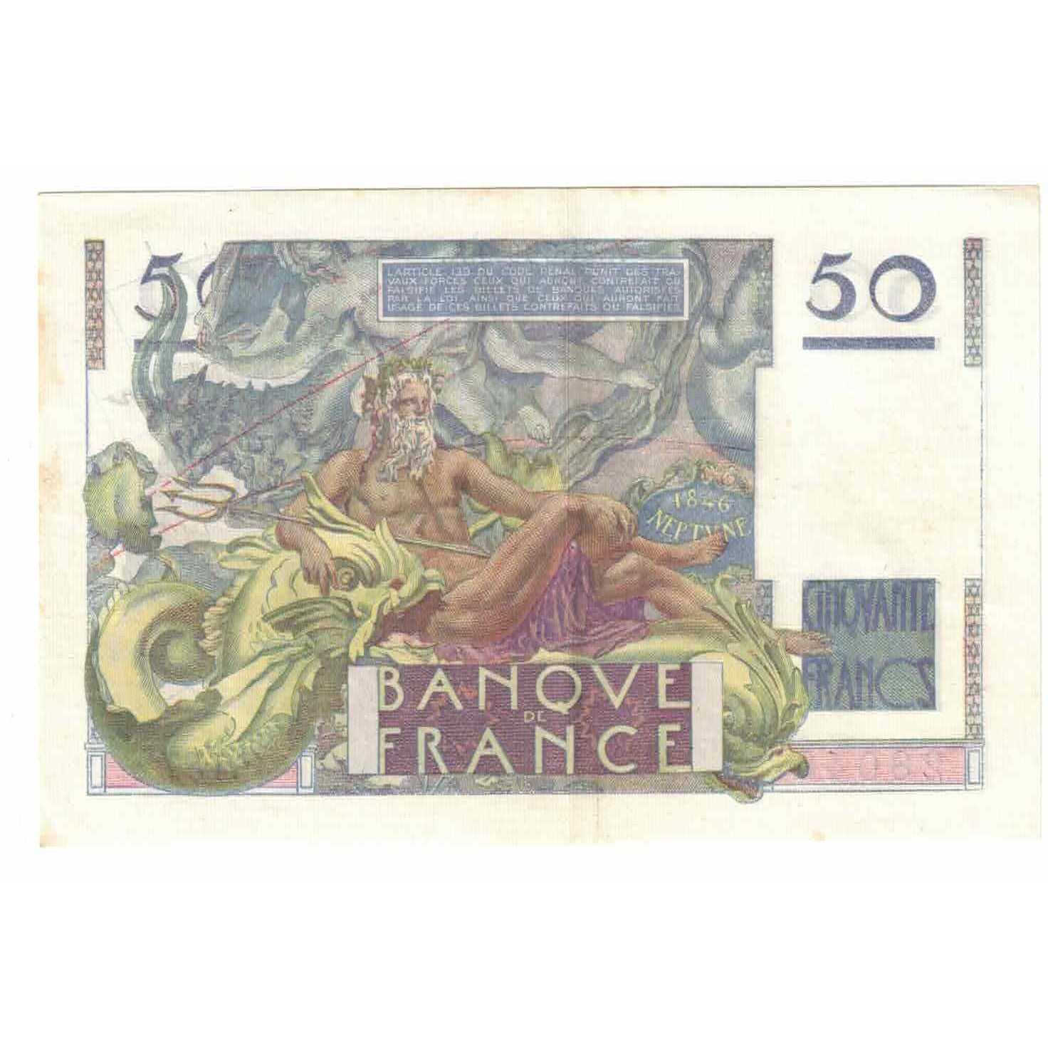 France, 50 Francs, Le Verrier, 1950, F.157, AU(55-58), Fayette:20.16, KM:127c