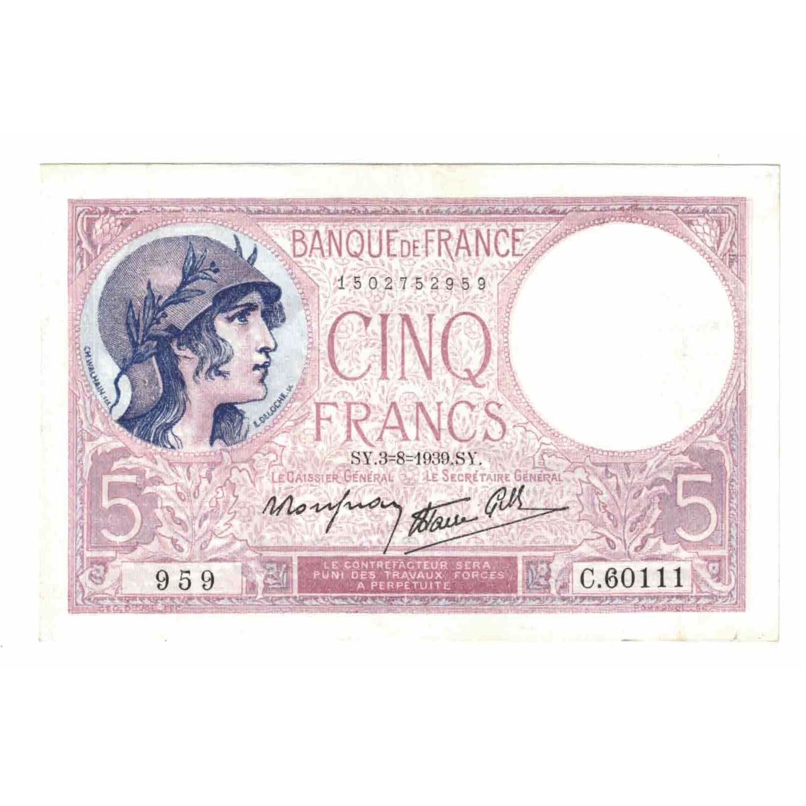França, 5 Francs, Violet, 1939, C.60111, UNC(60-62), Fayette:4.4, KM:83