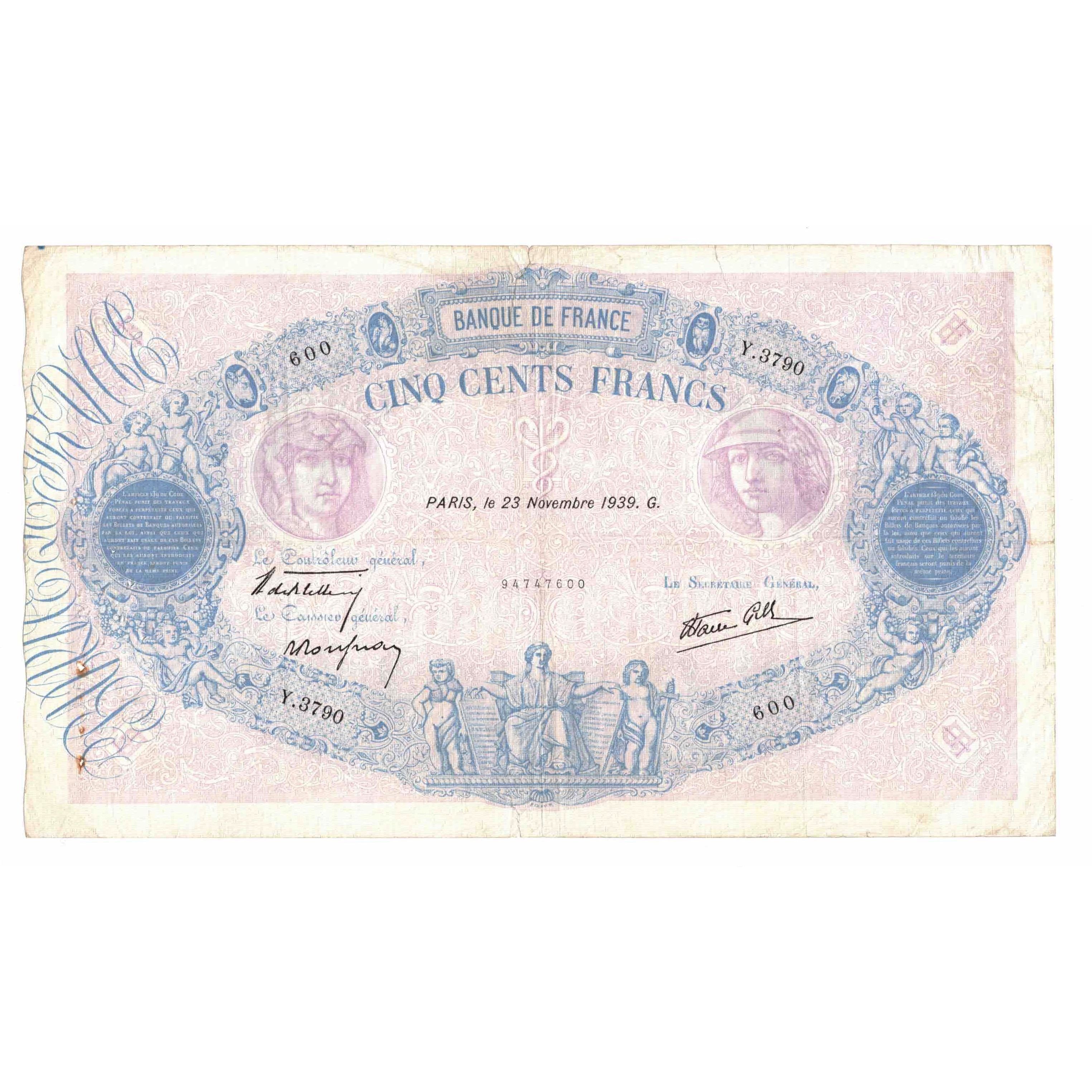 Francia, 500 Francs, 1939, Y.3790, MB+, Fayette:31.49, KM:88c
