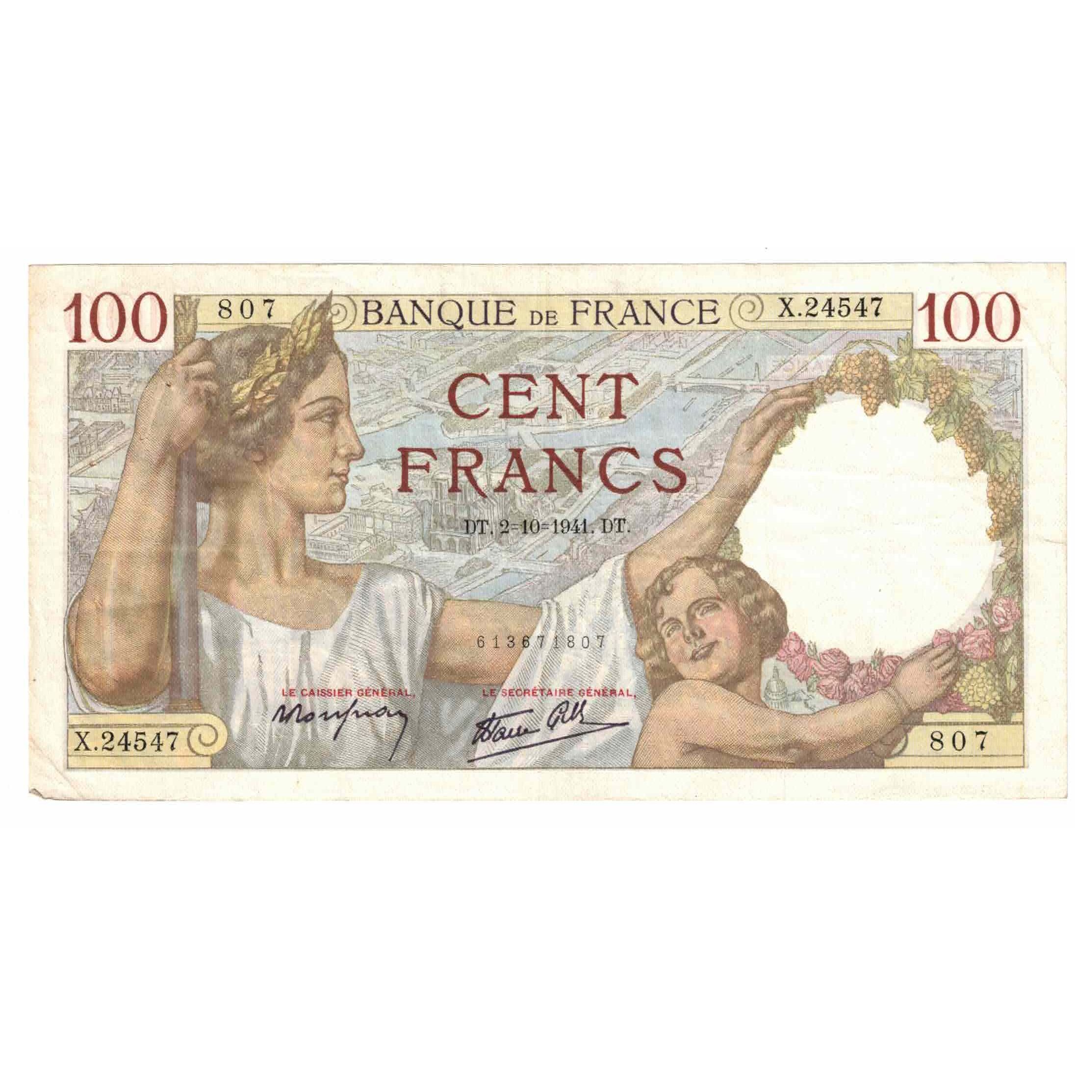 France, 100 Francs, Sully, 1941, X.24547, AU(50-53), Fayette:26.58, KM:94