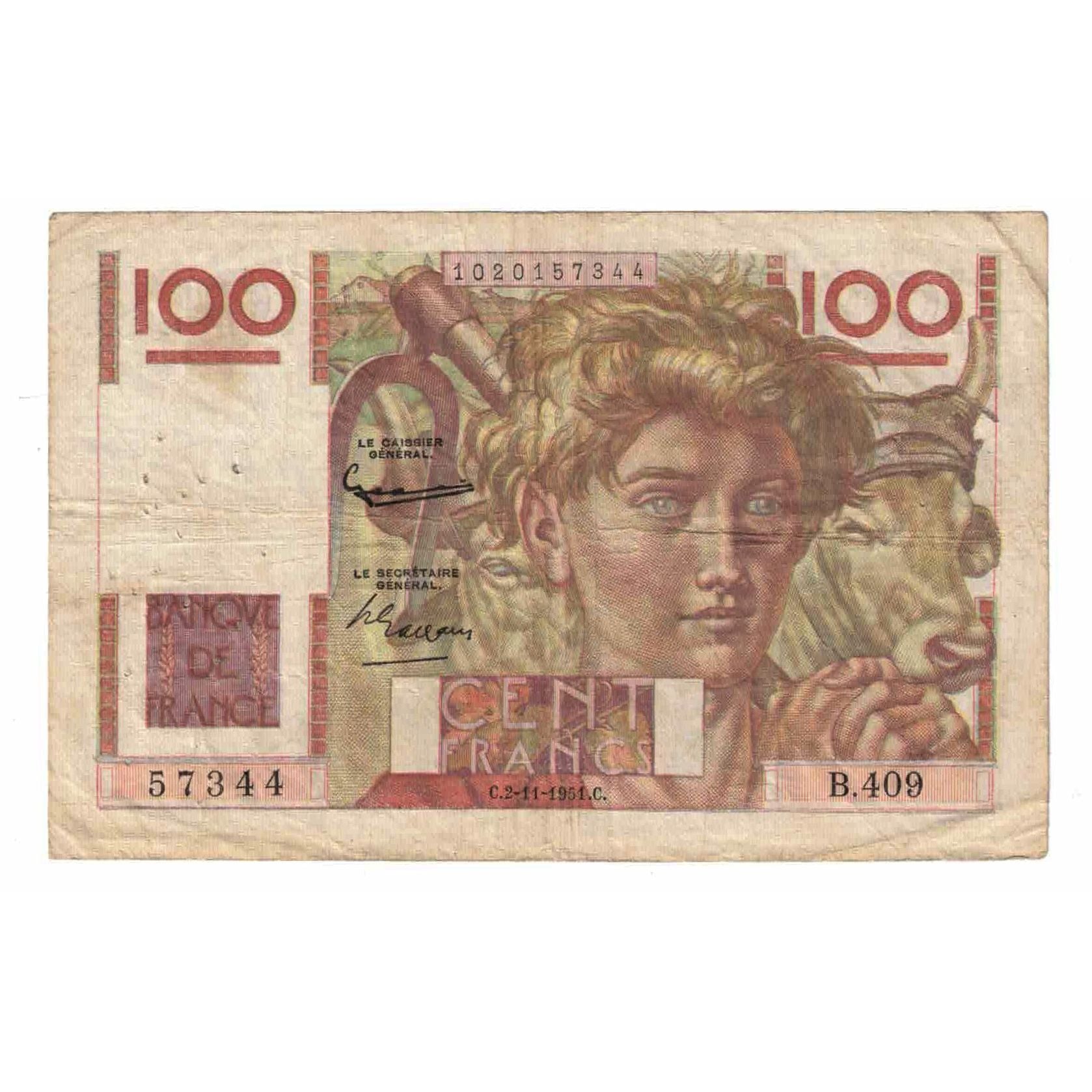 Frankrijk, 100 Francs, Jeune Paysan, 1951, B.409, TB, Fayette:28.30, KM:128d
