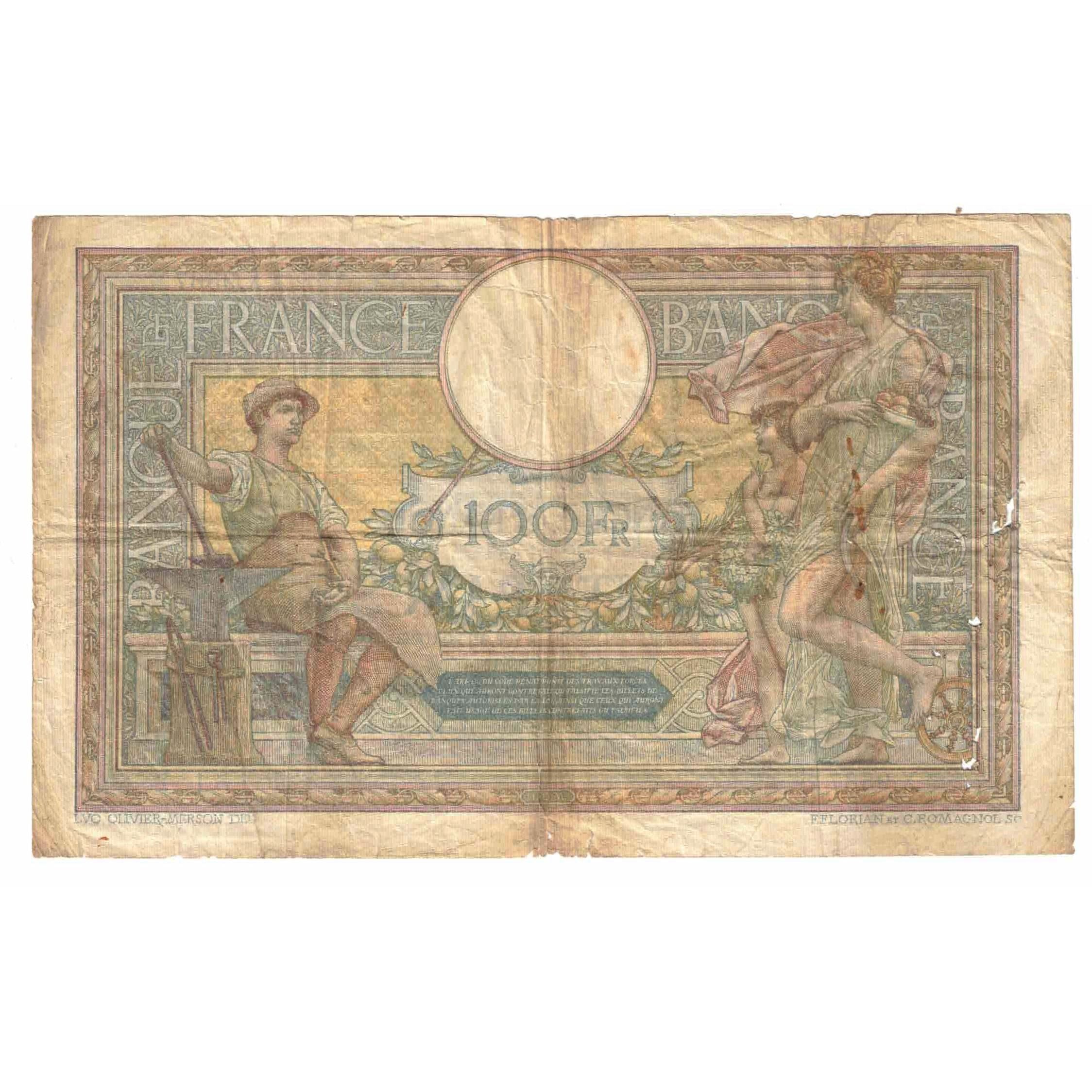 France, 100 Francs, Luc Olivier Merson, 1923, X.9567, VG(8-10), Fayette:23.16