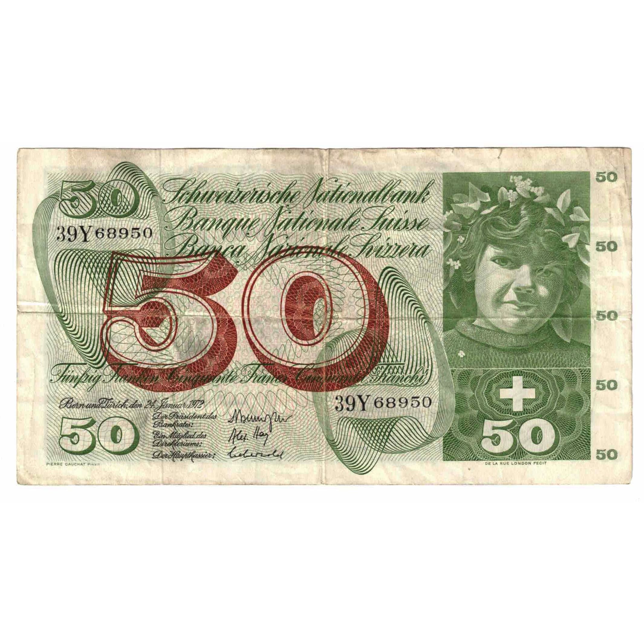 Banknot, Szwajcaria, 50 Franken, 1972, 1972-01-24, KM:48l, VF(30-35)