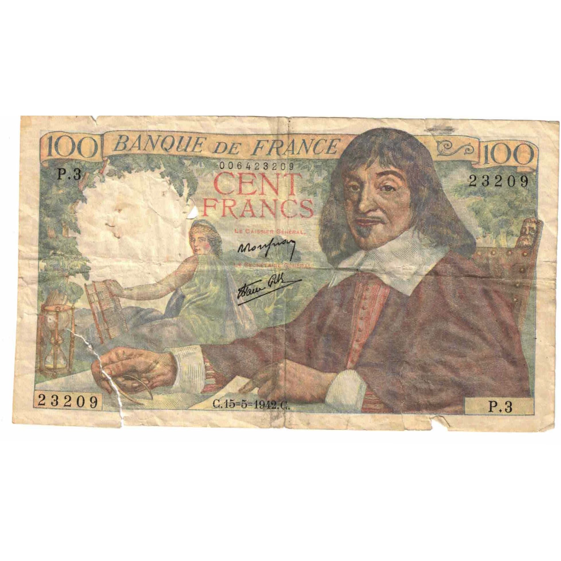 Frankrijk, 100 Francs, Descartes, 1942, P.3, AB, Fayette:27.1, KM:101a