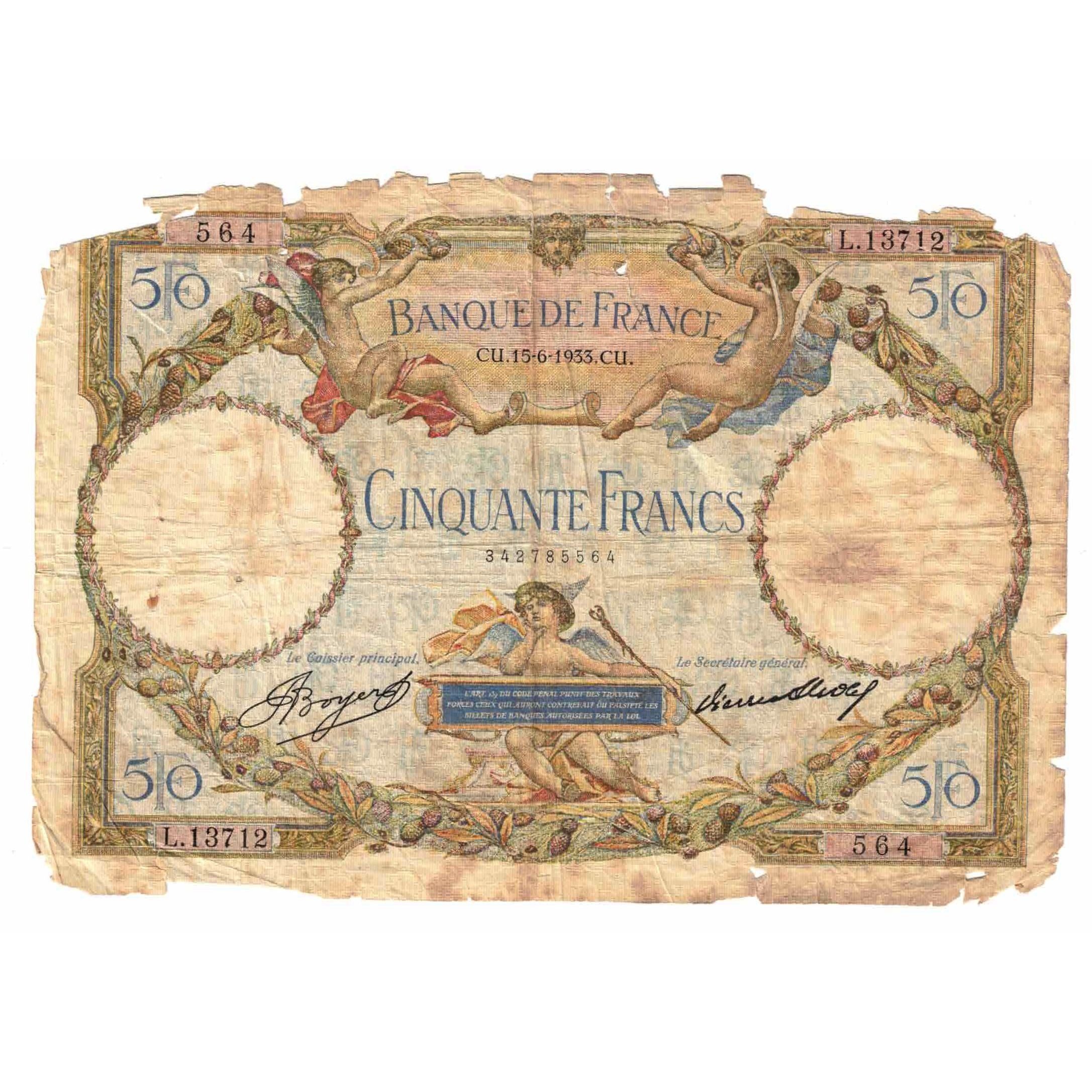 Francia, 50 Francs, Luc Olivier Merson, 1933, L.13712, D, Fayette:16.4, KM:80b
