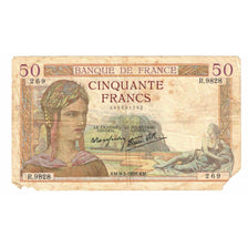 France, 50 Francs, Cérès, 1939, R.9828, VG(8-10), Fayette:18.23, KM:85b