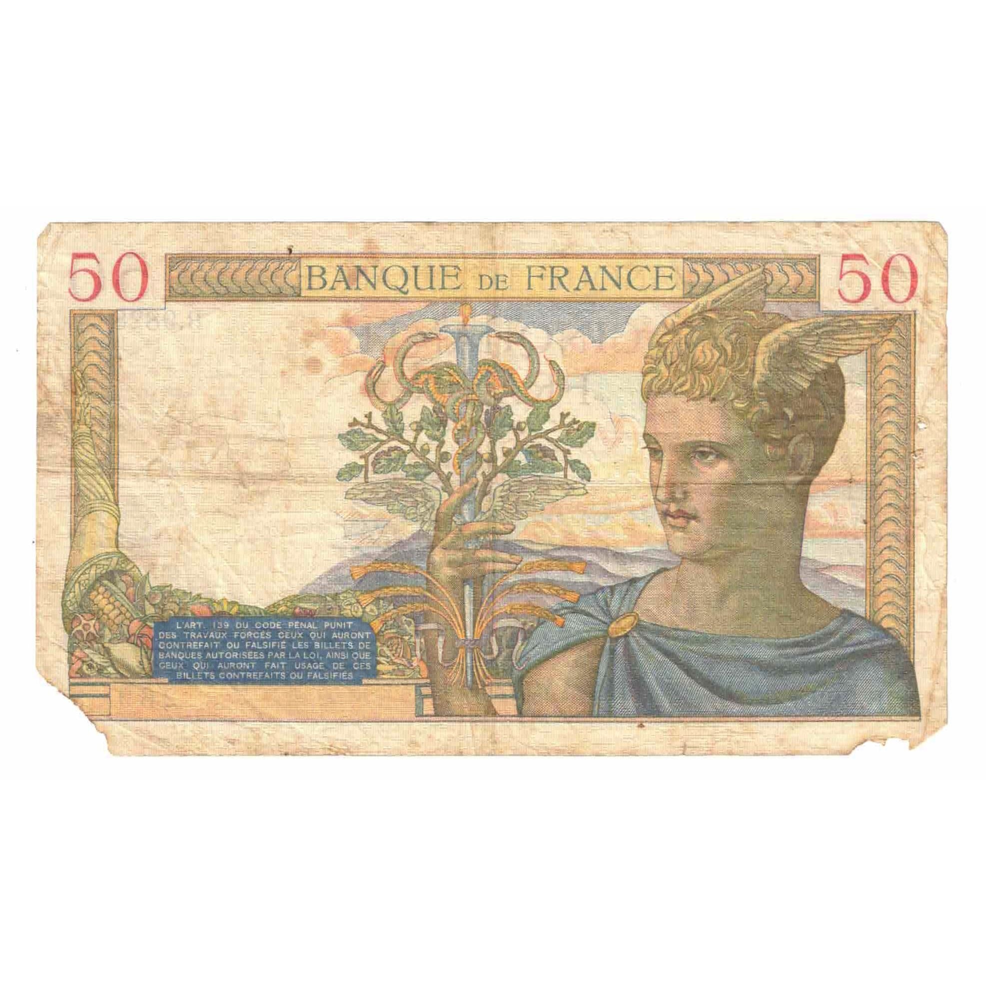 France, 50 Francs, Cérès, 1939, R.9828, VG(8-10), Fayette:18.23, KM:85b