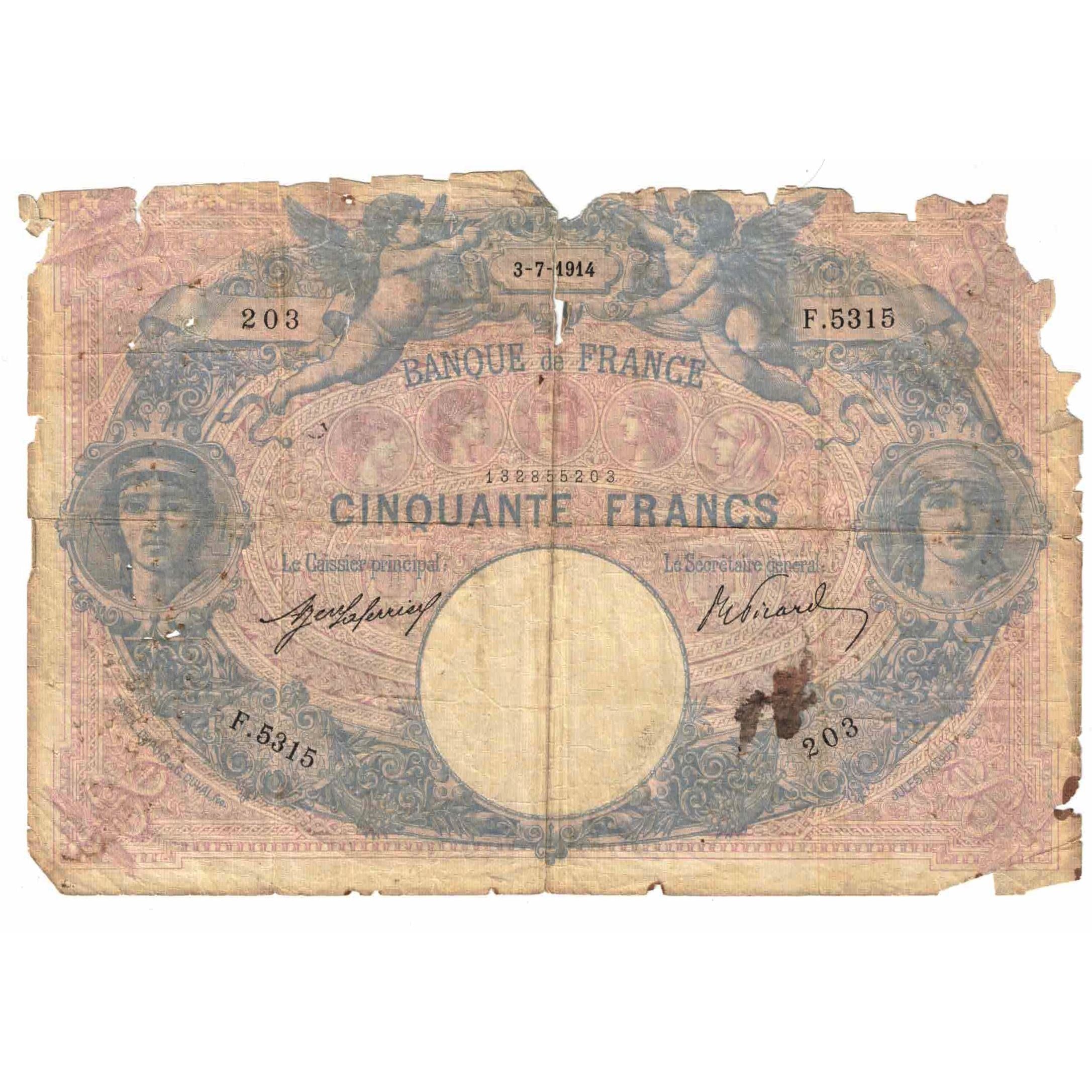 France, 50 Francs, Bleu et Rose, 1914, F.5315, AG(1-3), Fayette:14.27, KM:64e