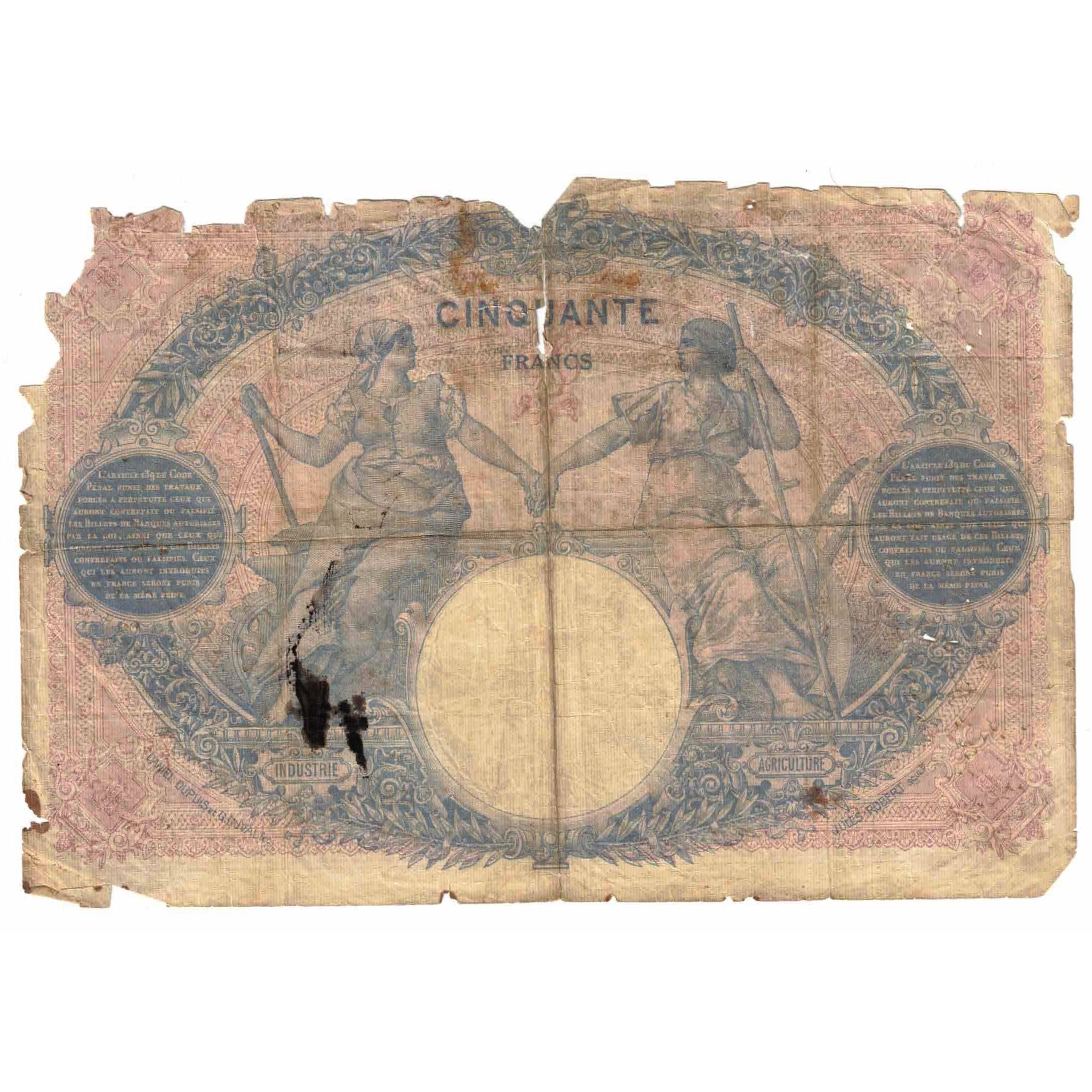 France, 50 Francs, Bleu et Rose, 1914, F.5315, AG(1-3), Fayette:14.27, KM:64e