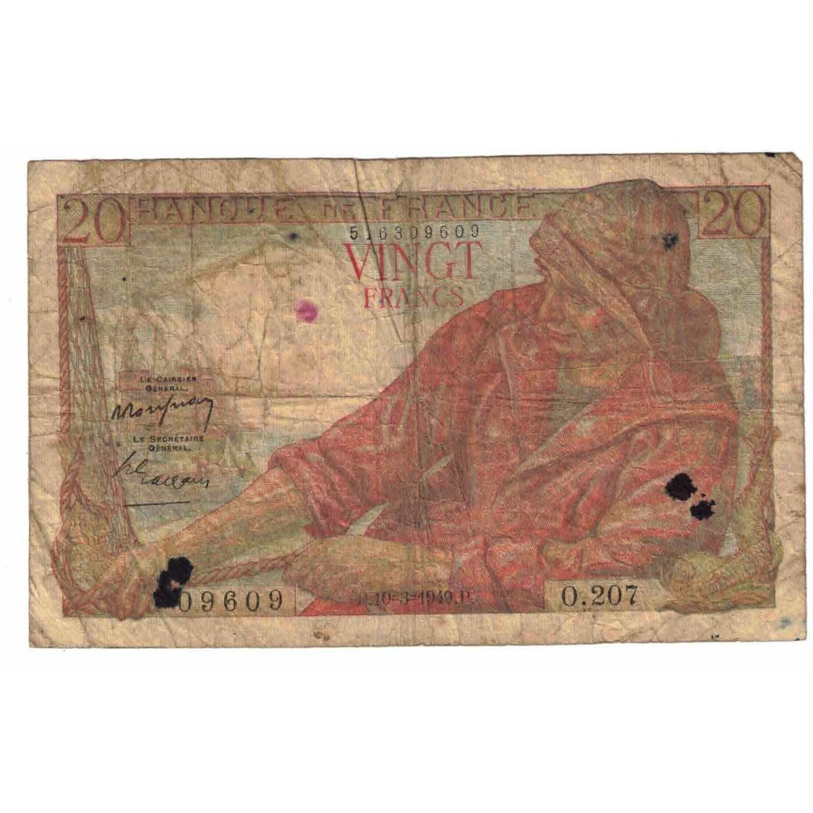 França, 20 Francs, Pêcheur, 1949, O.207, VF(20-25), KM:100c