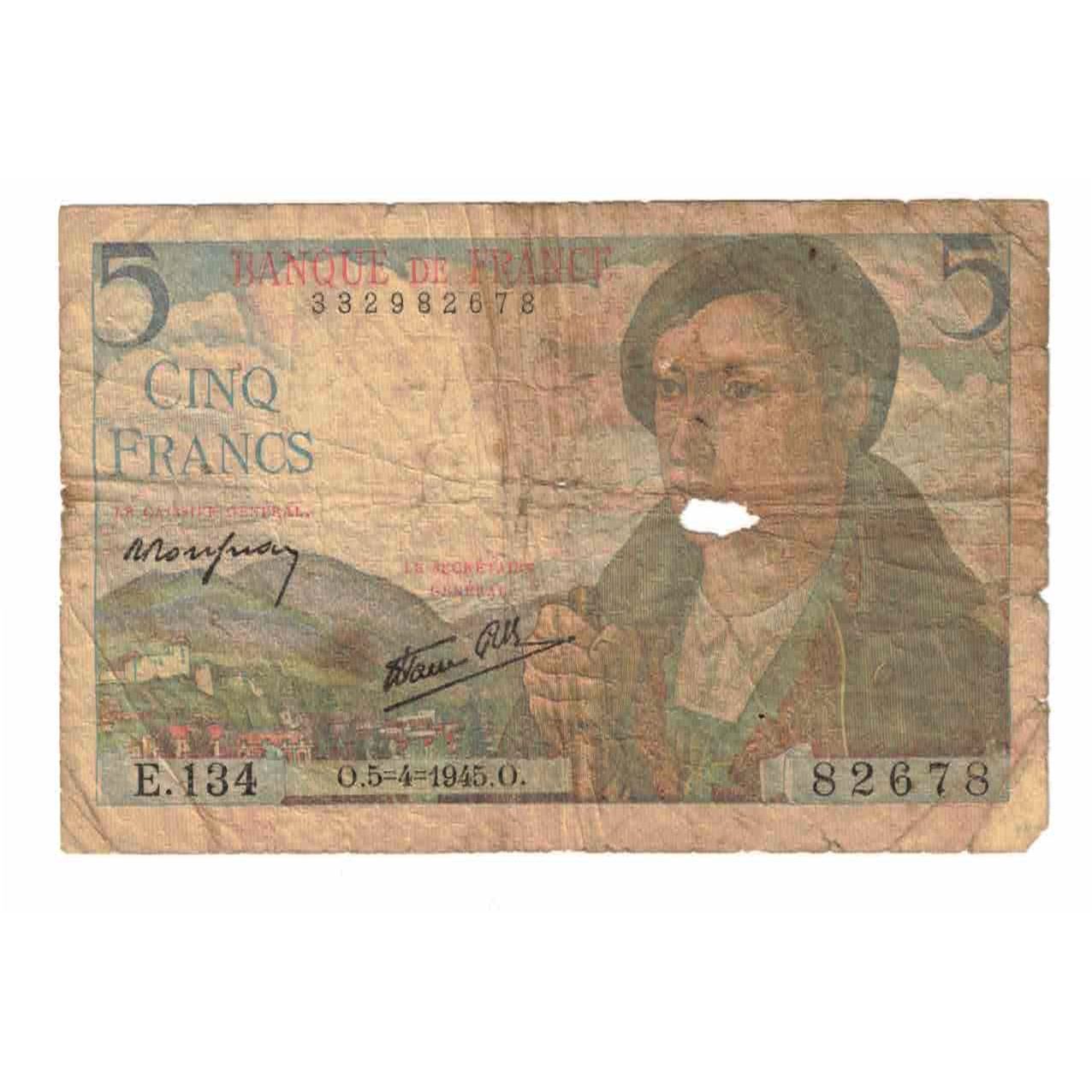 France, 5 Francs, Berger, 1945, E.134, AB, Fayette:5.6, KM:98a