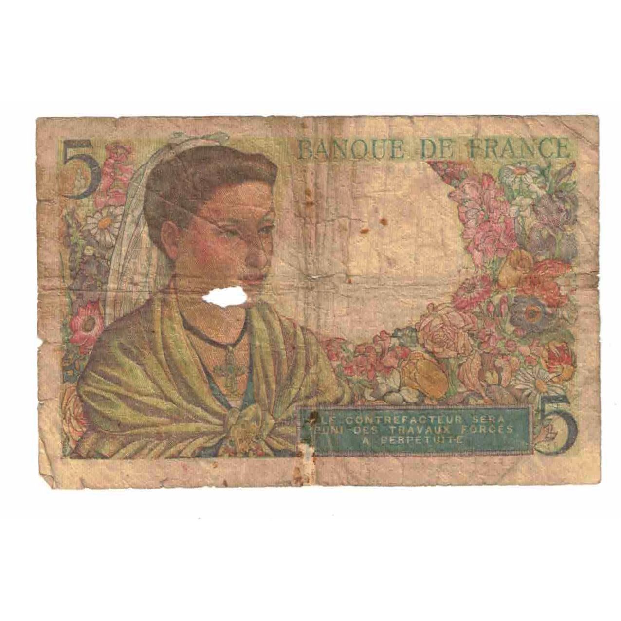 France, 5 Francs, Berger, 1945, E.134, AB, Fayette:5.6, KM:98a