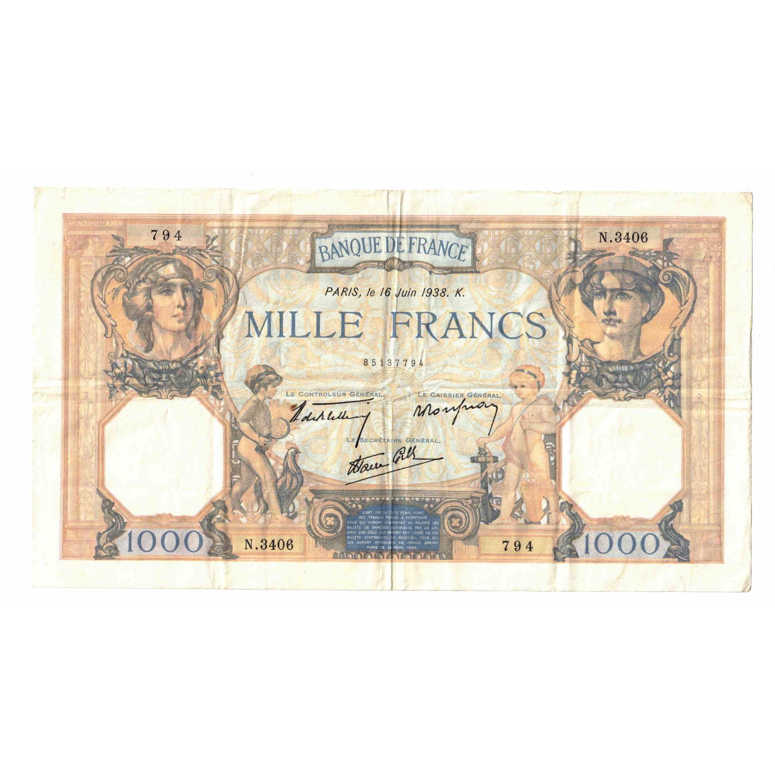 France, 1000 Francs, Cérès et Mercure, 1938, N.3406, SUP, Fayette:38.19