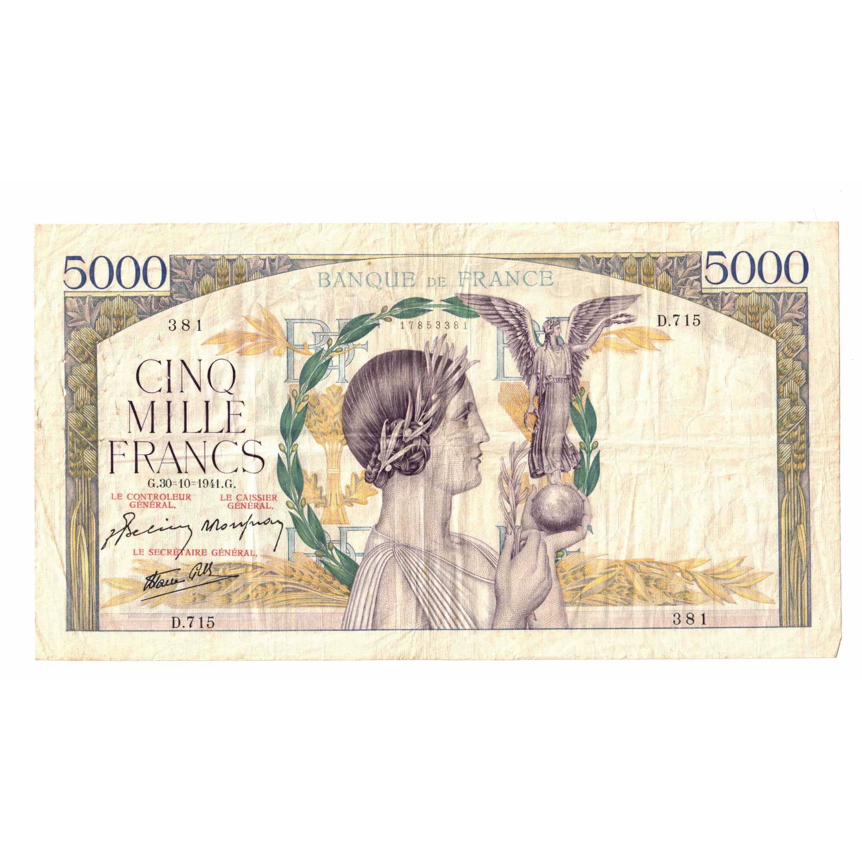 France, 5000 Francs, Victoire, 1941, D.715, AU(50-53), Fayette:46.28, KM:97c