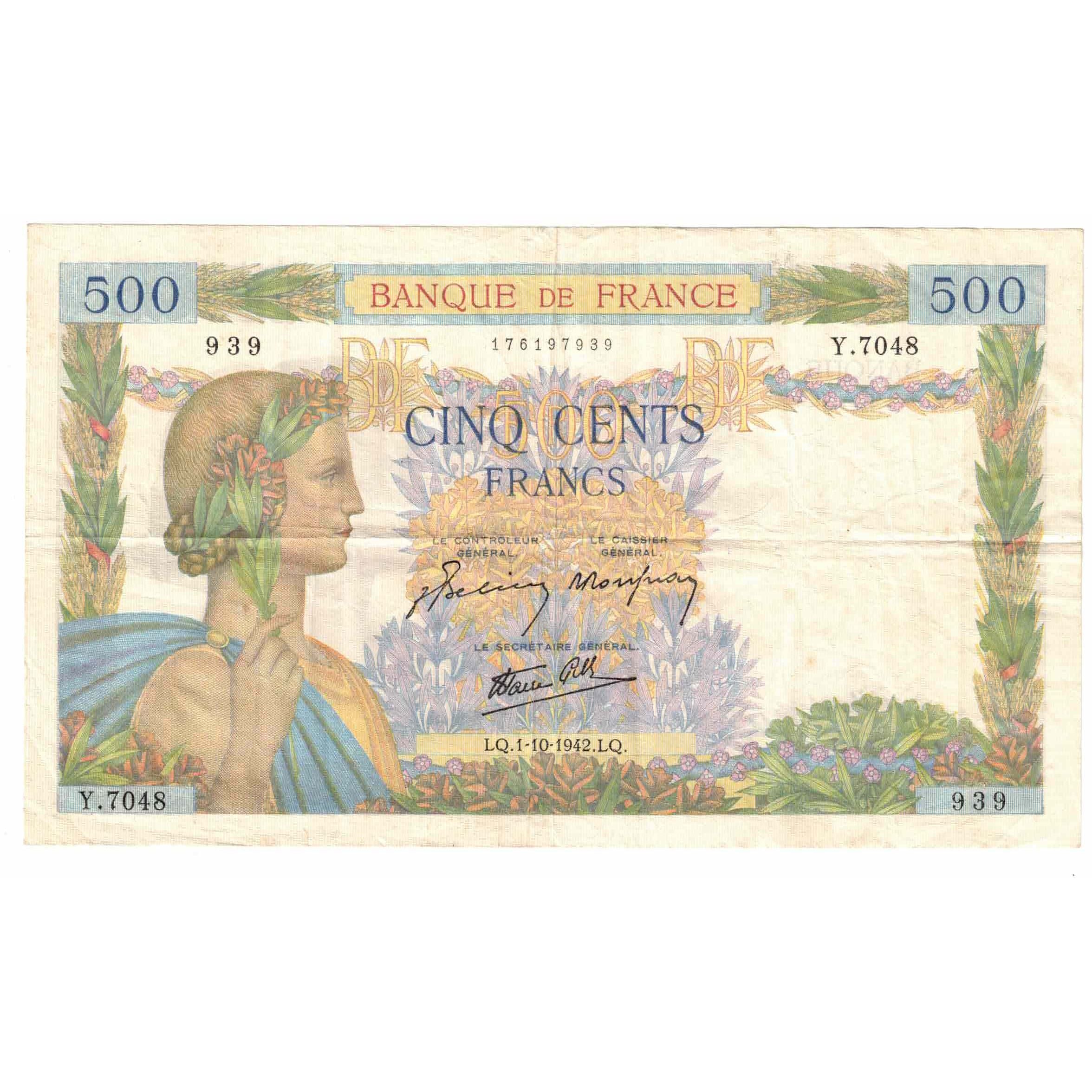 Francia, 500 Francs, La Paix, 1942, Y.7048, BB, Fayette:32.41, KM:95b