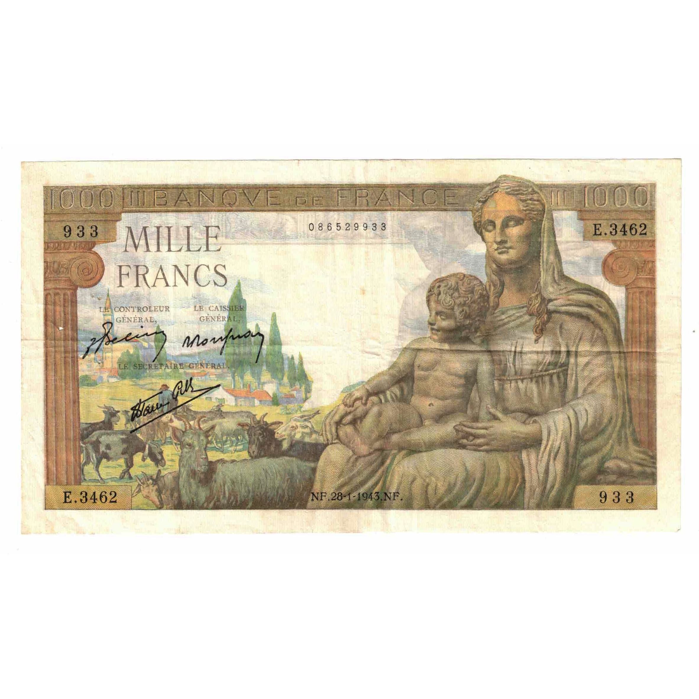 Francja, 1000 Francs, Déesse Déméter, 1943, E.3462, AU(55-58), Fayette:40.17
