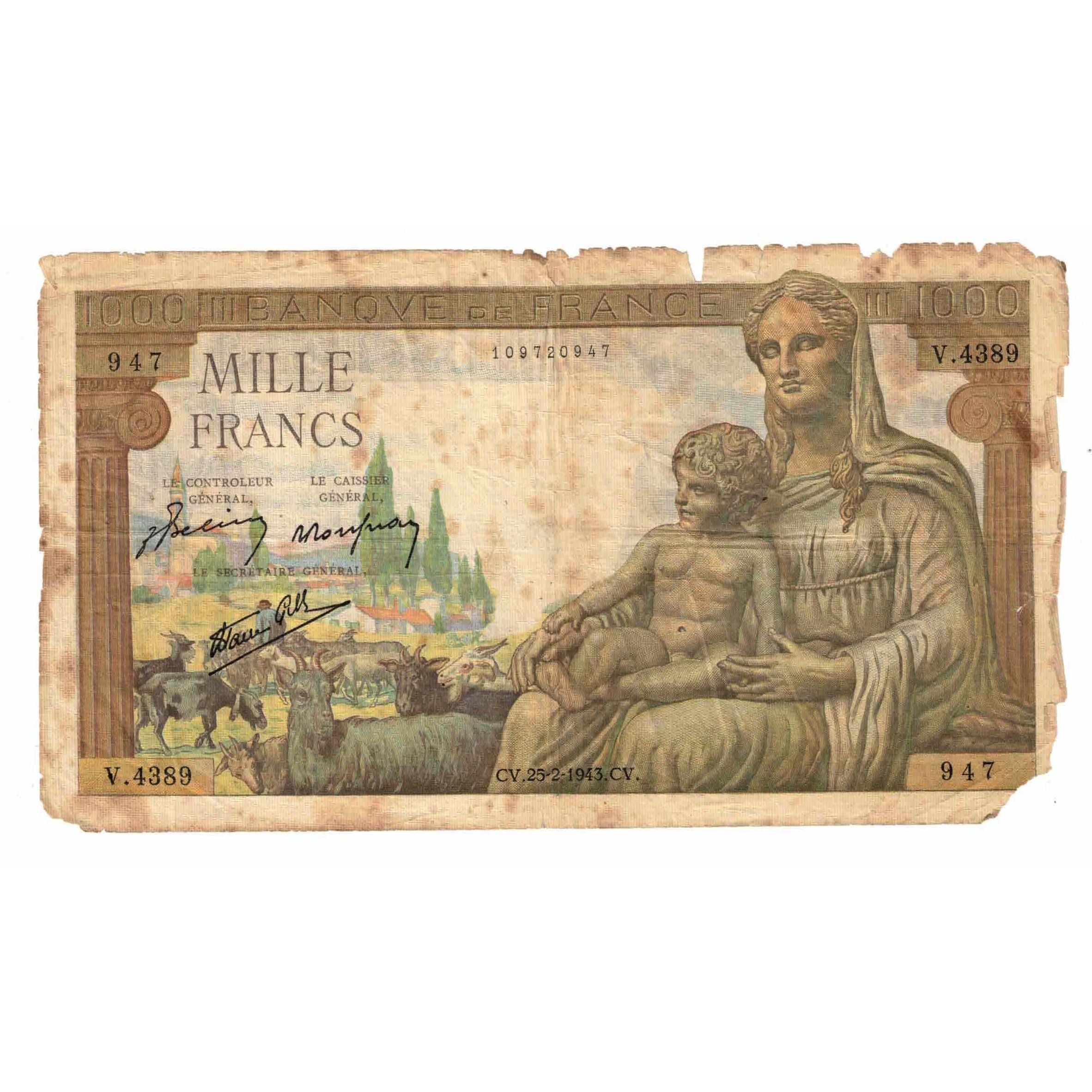 França, 1000 Francs, Déesse Déméter, 1943, V.4389, VG(8-10), Fayette:40.20