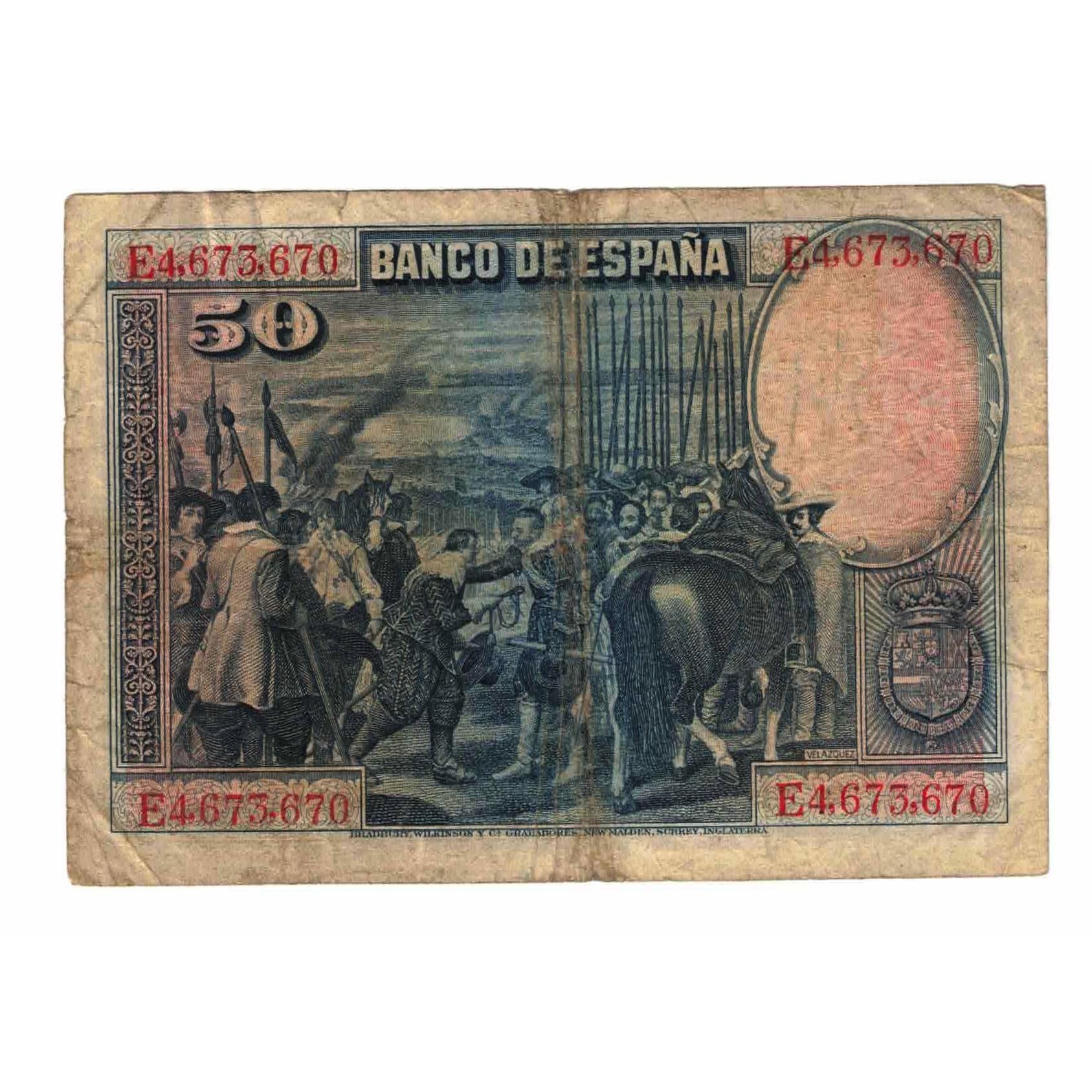 Nota, Espanha, 50 Pesetas, 1928, 1928-08-15, KM:75a, VF(20-25)