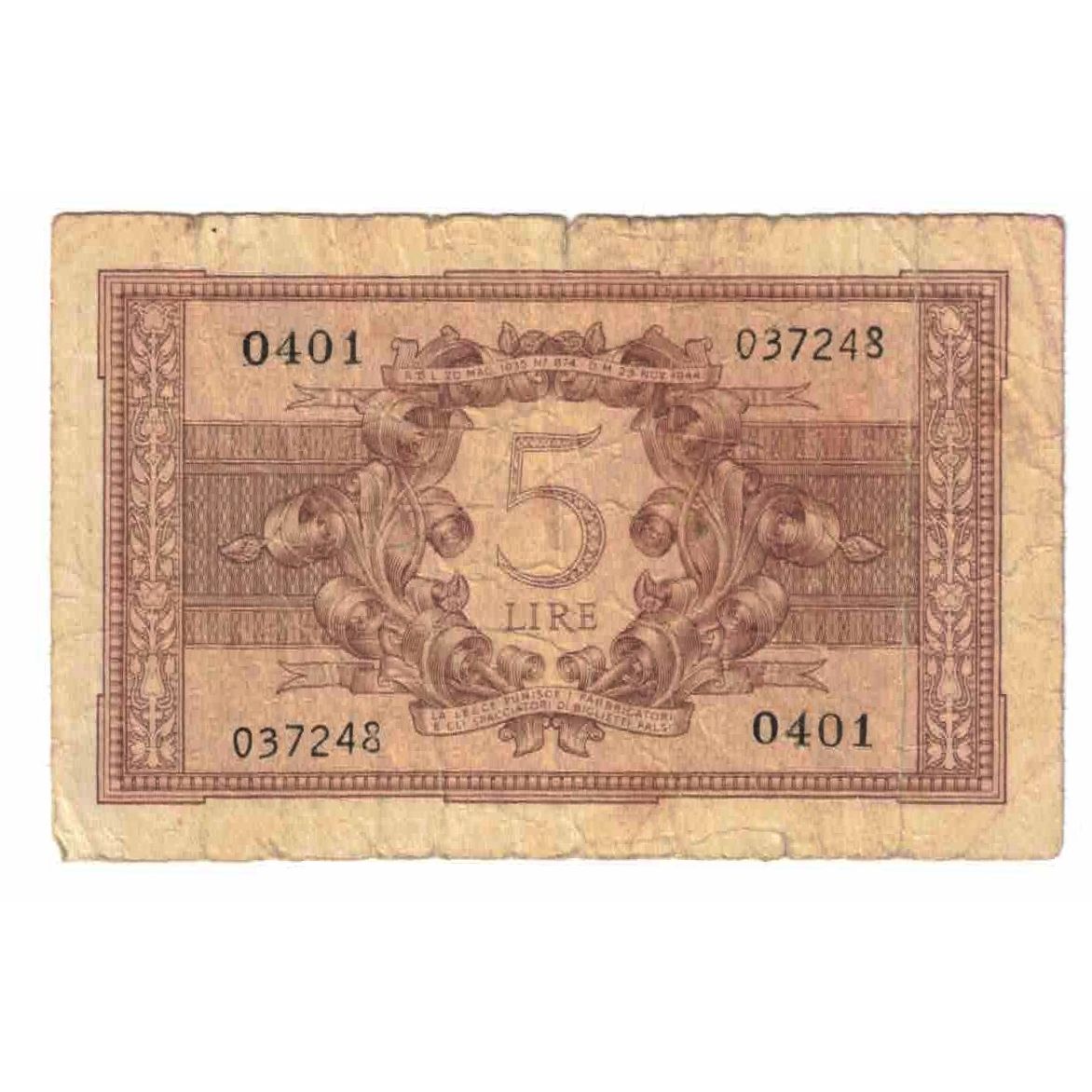 Banknote, Italy, 5 Lire, 1944, KM:31b, VF(20-25)