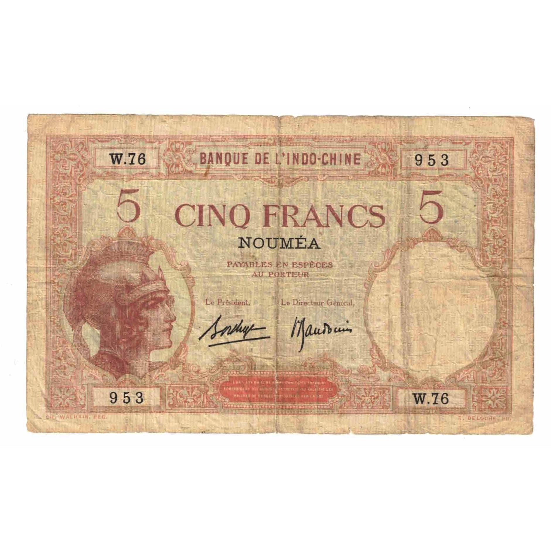 Banknote, New Caledonia, 5 Francs, KM:36b, VF(20-25)