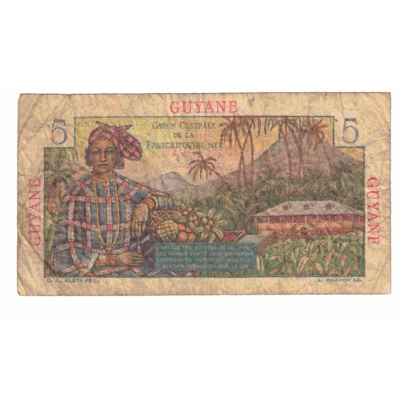 Banconote, Guinea francese, 5 Francs, KM:19a, MB