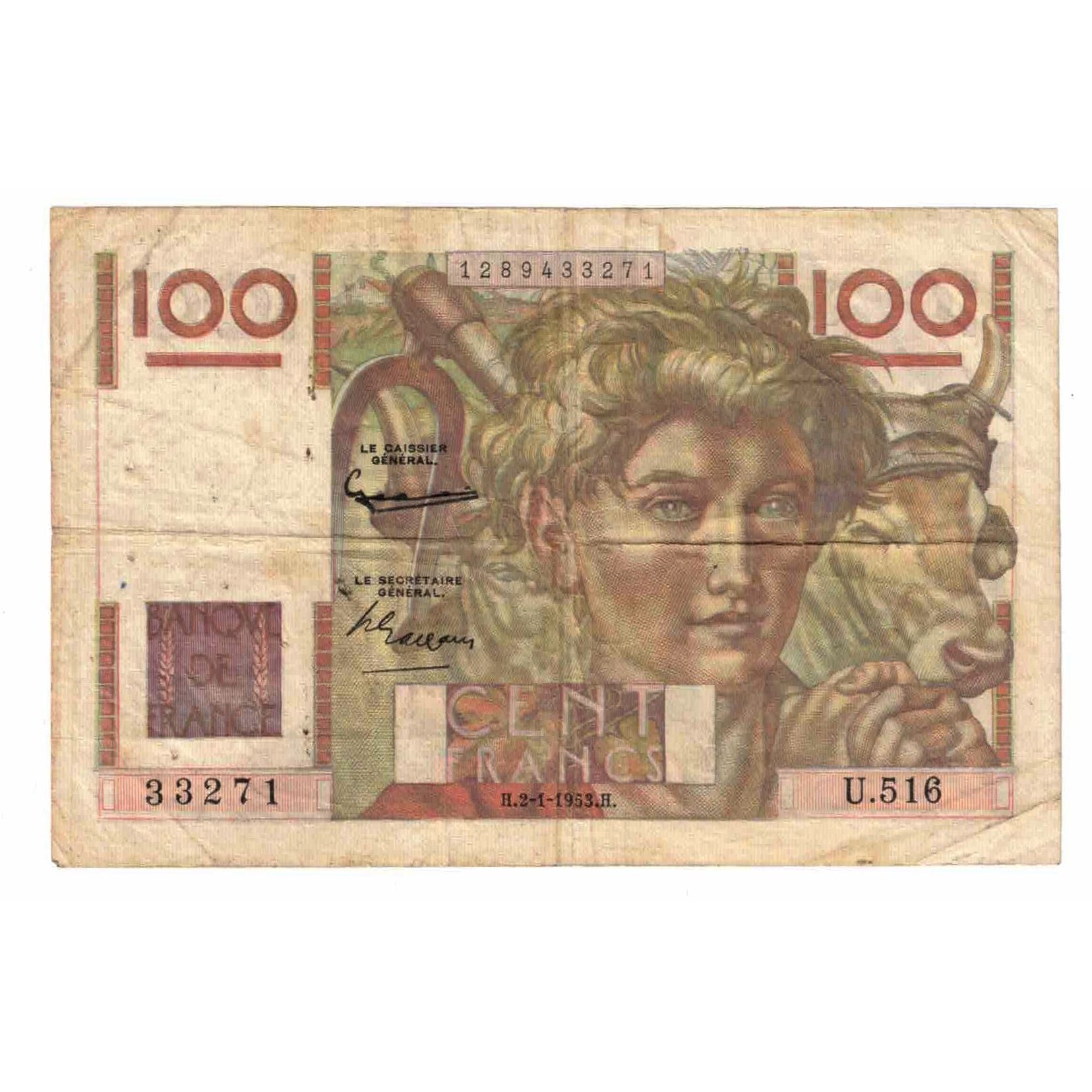 Francia, 100 Francs, Jeune Paysan, 1953, U.516, MBC, Fayette:28.35, KM:128d