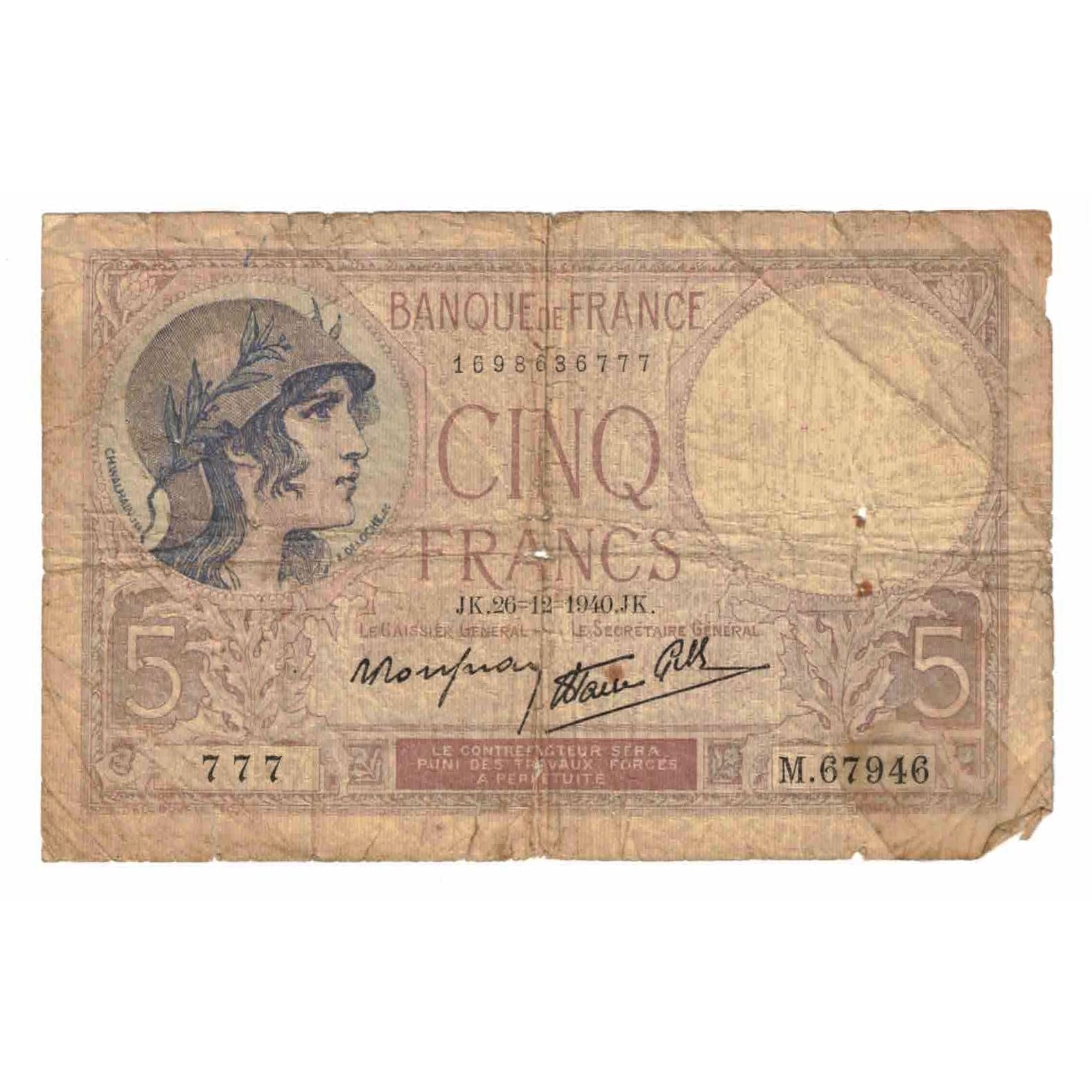 França, 5 Francs, Violet, 1940, M.67946, AG(1-3), Fayette:04.18, KM:83