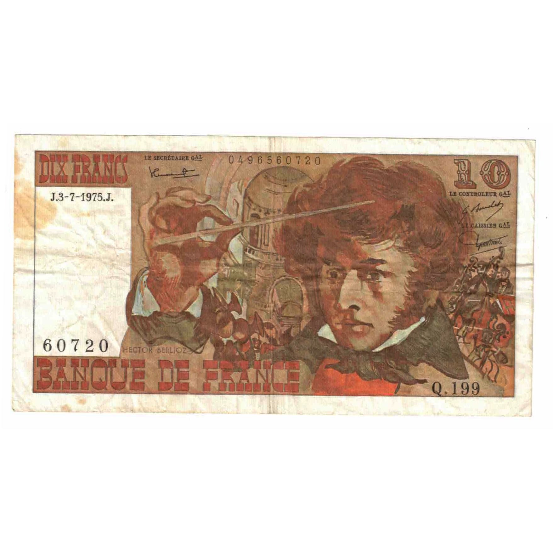France, 10 Francs, Berlioz, 1975, Q.199, EF(40-45), Fayette:63.12, KM:150b