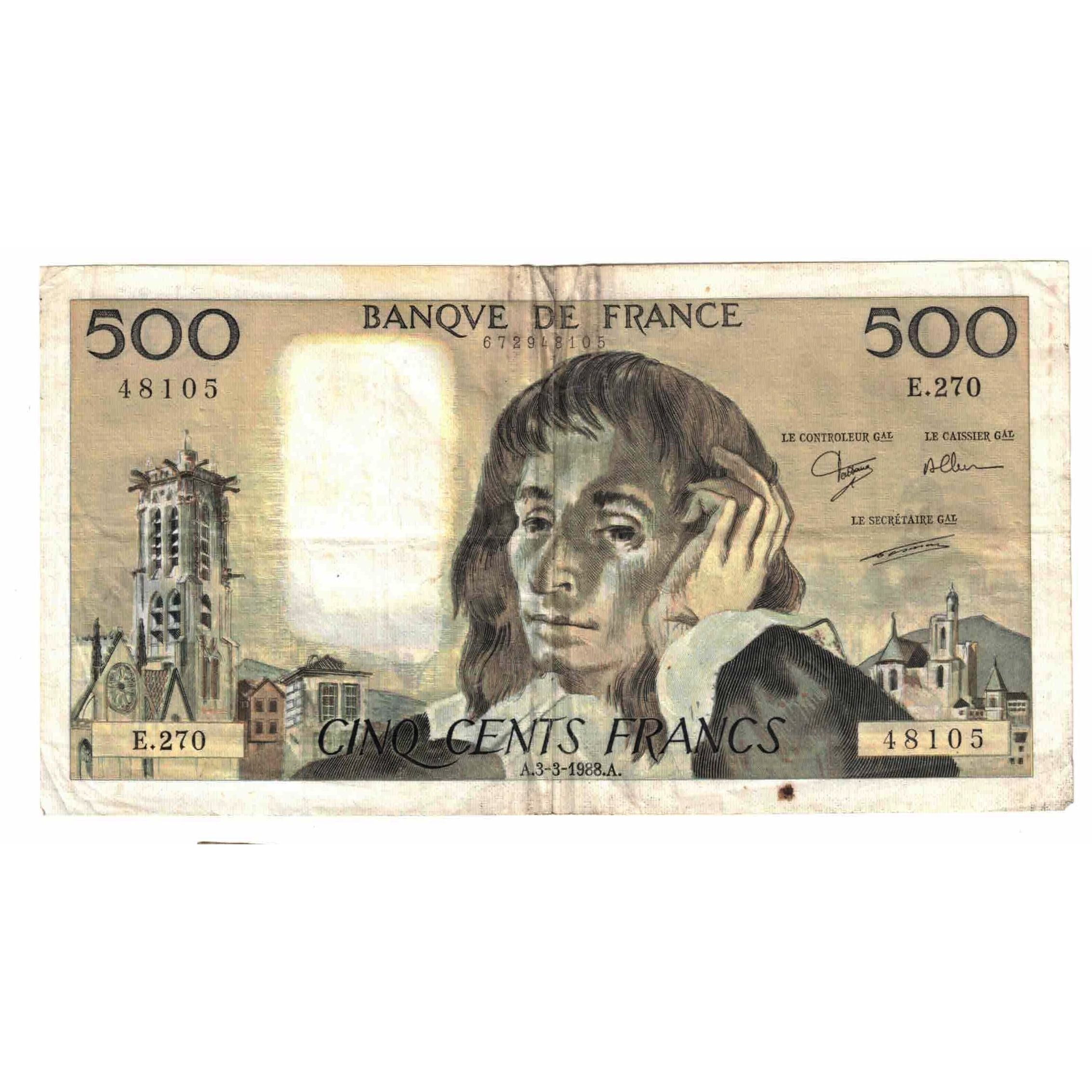 France, 500 Francs, Pascal, 1988, E.270, VF(20-25), Fayette:71.38, KM:156g