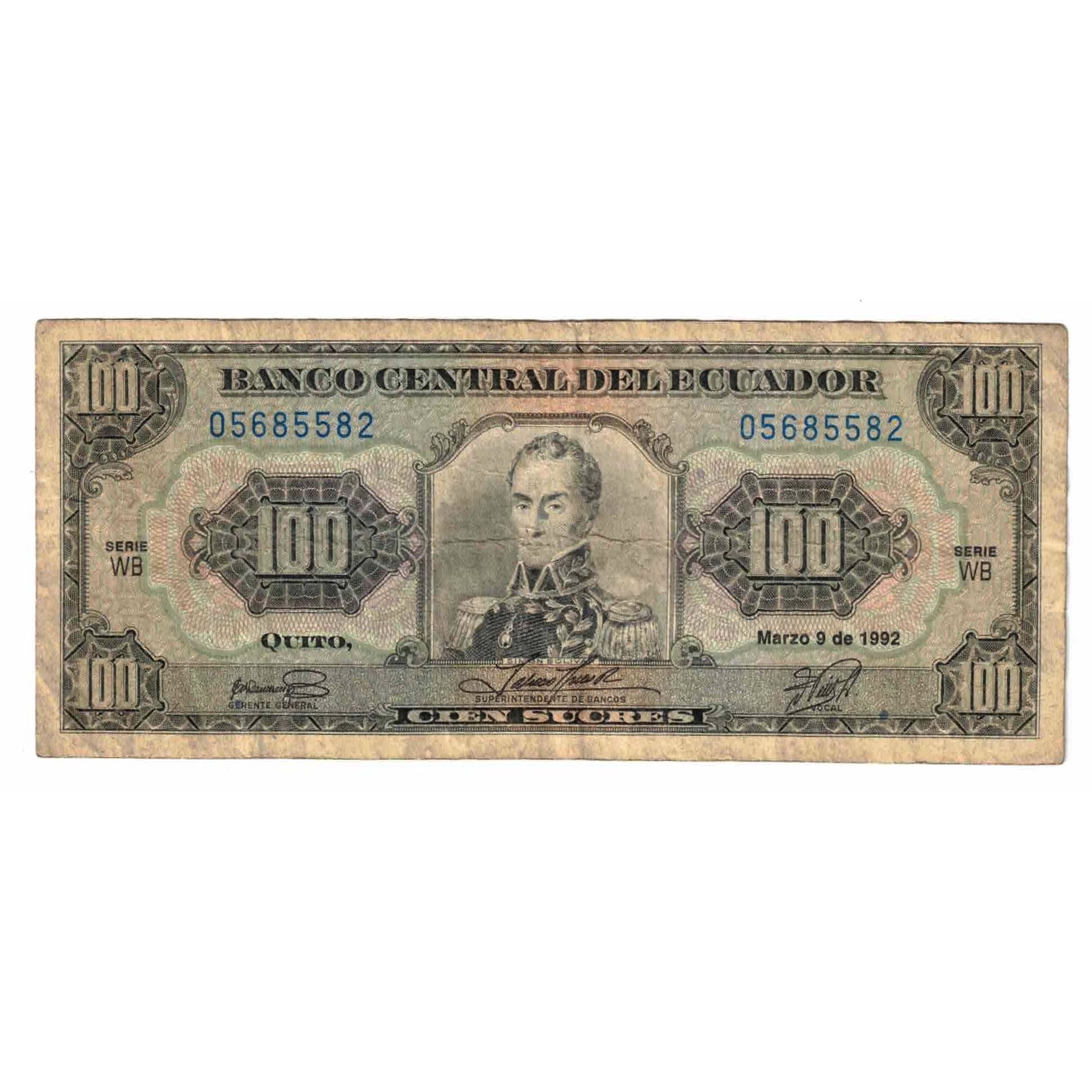 Banknot, Ekwador, 100 Sucres, 1992, 1992-3-9, KM:123Ab, VF(20-25)