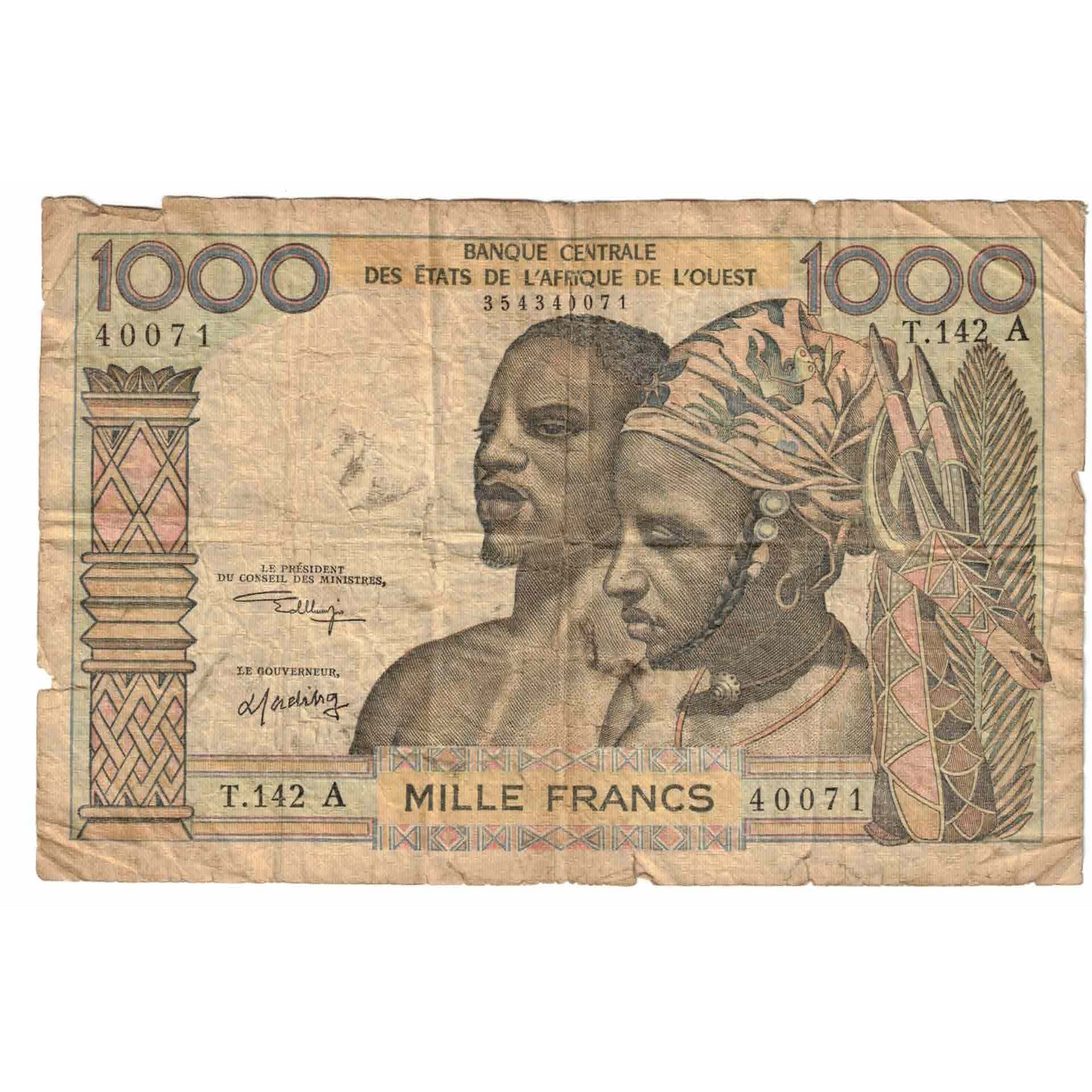 Nota, Estados da África Ocidental, 1000 Francs, 1977, Ivory Coast, KM:103Al