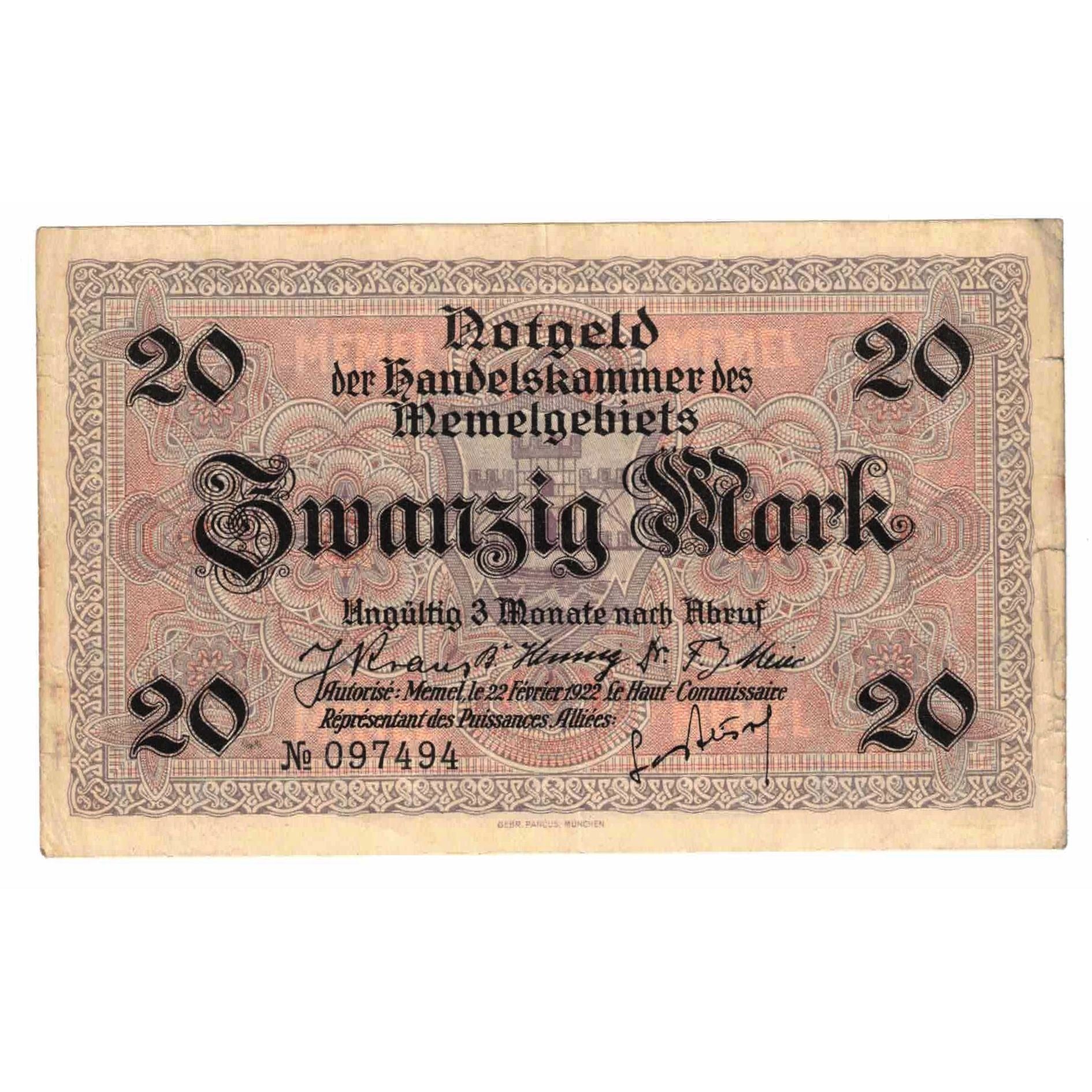 Banknote, Memel, 20 Mark, 1922, 1922-02-22, KM:6a, EF(40-45)