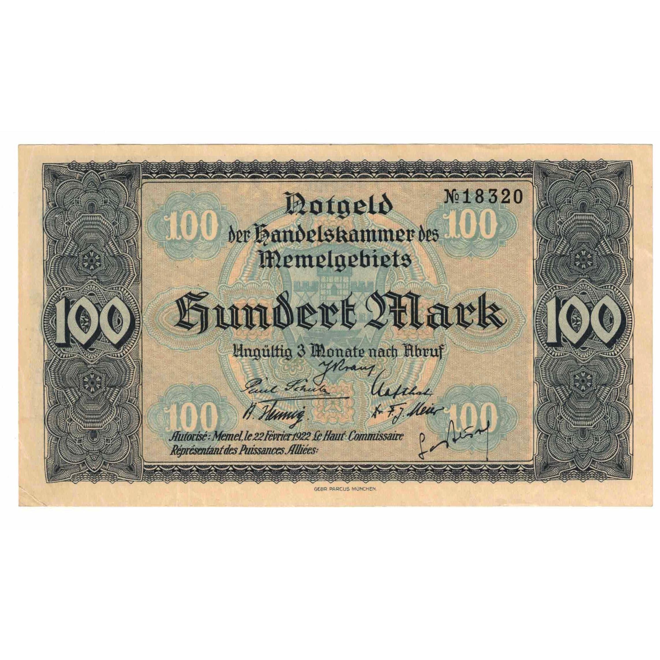 Banknote, Memel, 100 Mark, 1922, 1922-02-22, KM:9, UNC(60-62)