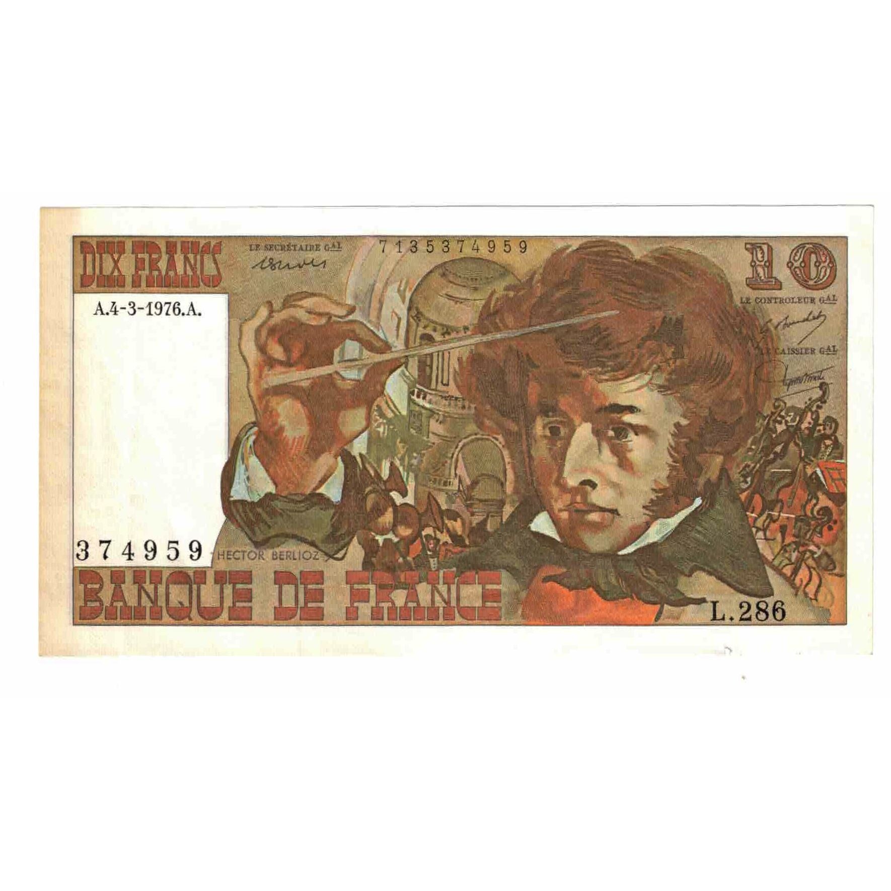 Francja, 10 Francs, Berlioz, 1976, L.286, AU(55-58), Fayette:63.18, KM:150c