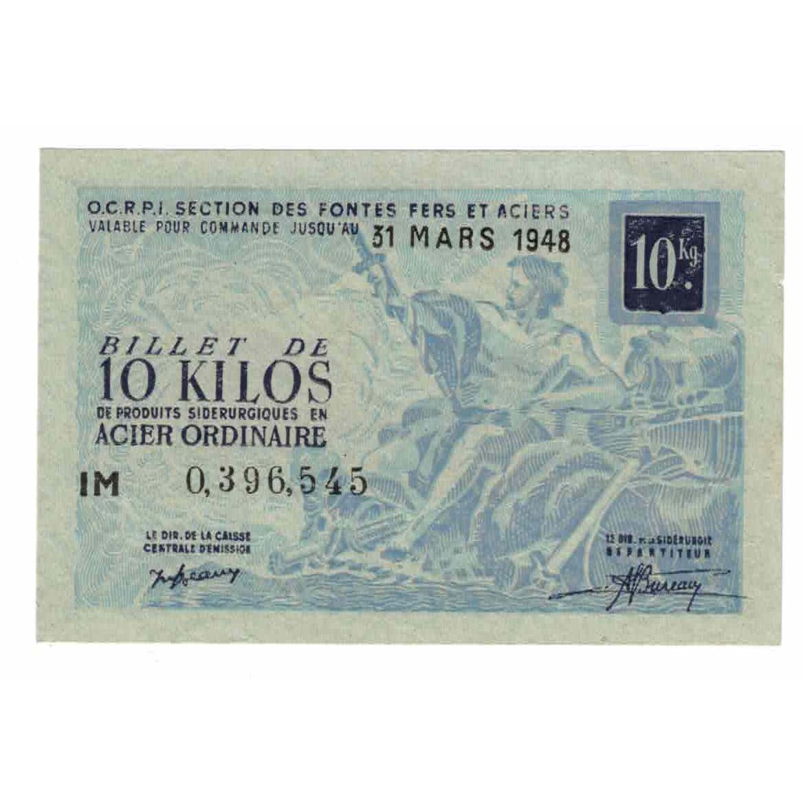 France, Acier Ordinaire, 1948, Billet de 10 kilos de produits sidérurgiques en