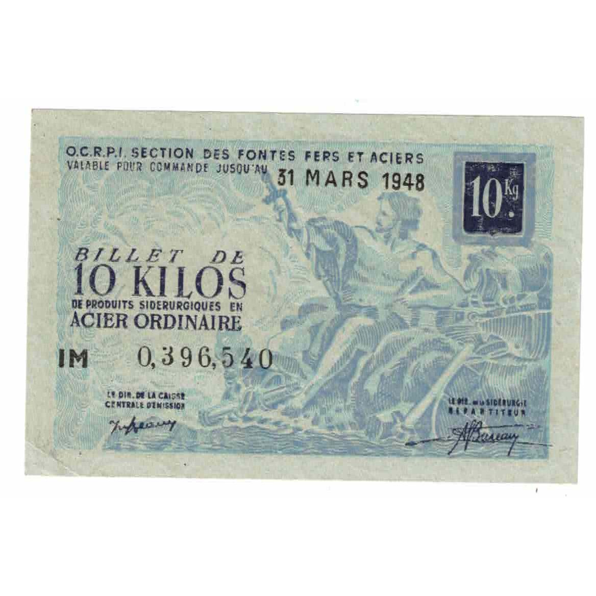 Frankrijk, Acier Ordinaire, 1948, Billet de 10 kilos de produits sidérurgiques
