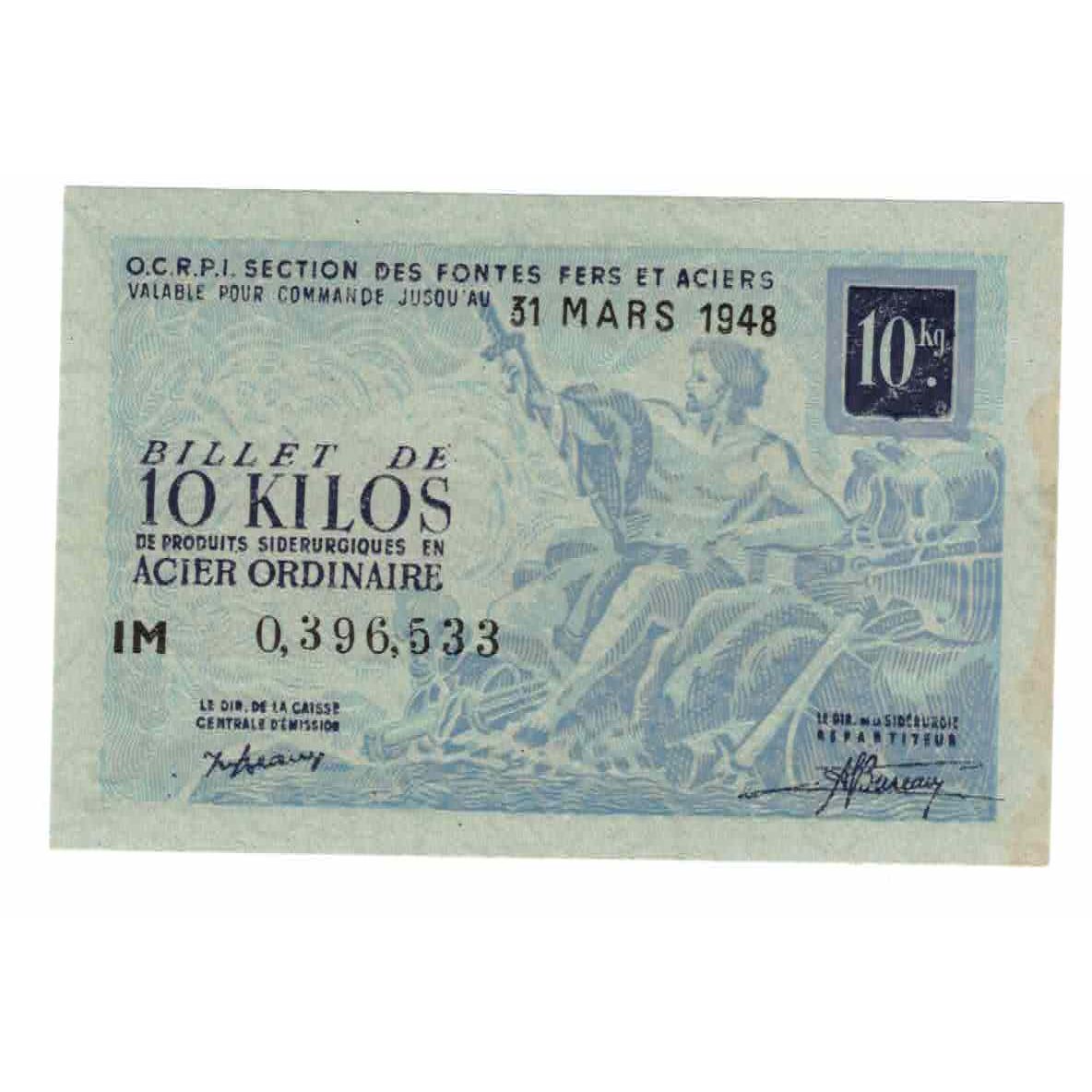 France, Acier Ordinaire, 1948, Billet de 10 kilos de produits sidérurgiques en