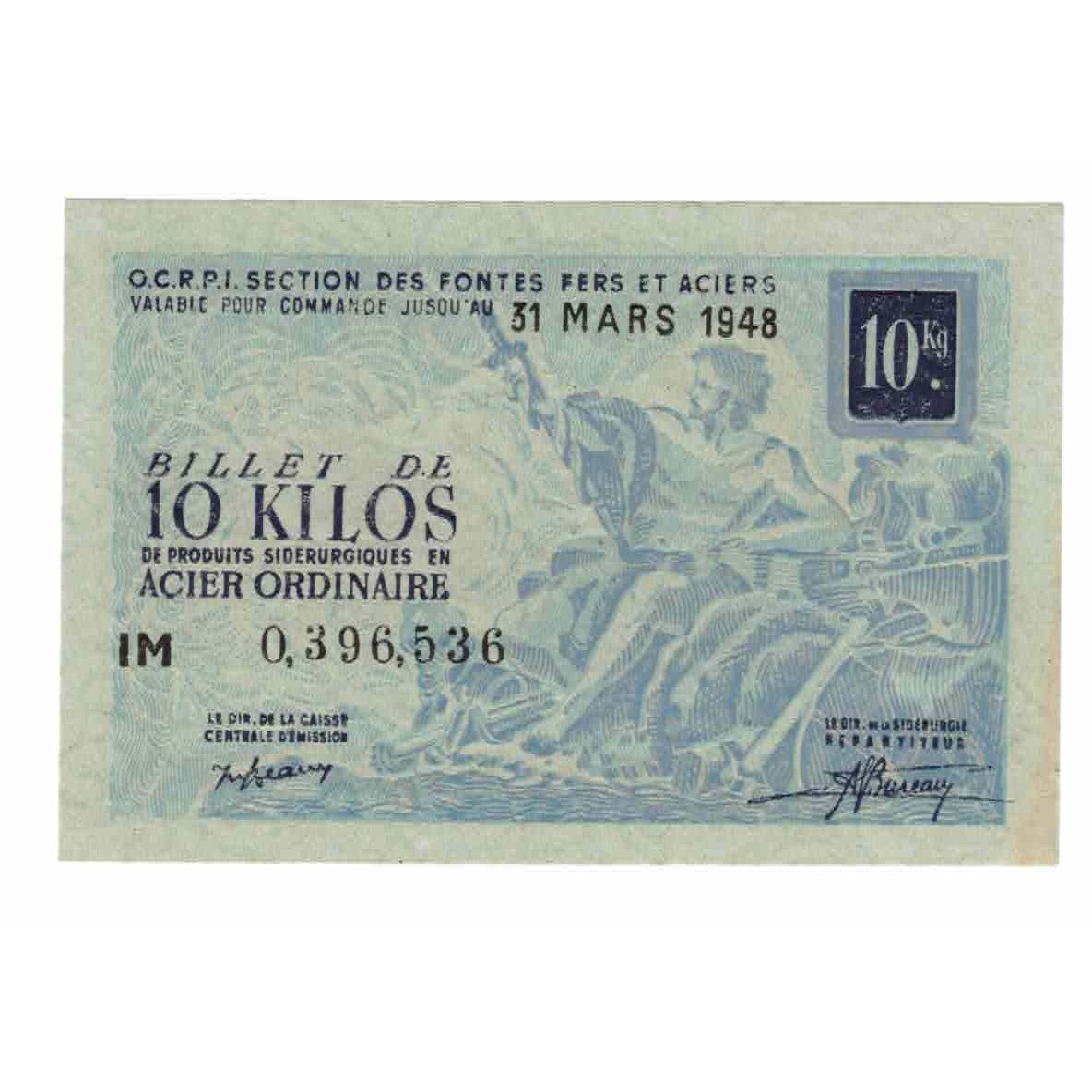 France, Acier Ordinaire, 1948, Billet de 10 kilos de produits sidérurgiques en