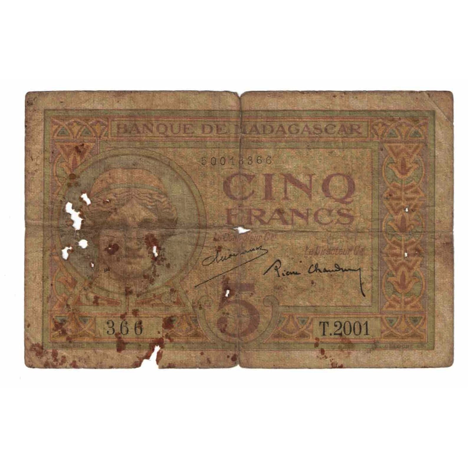 Nota, Madagáscar, 5 Francs, KM:35, AG(1-3)