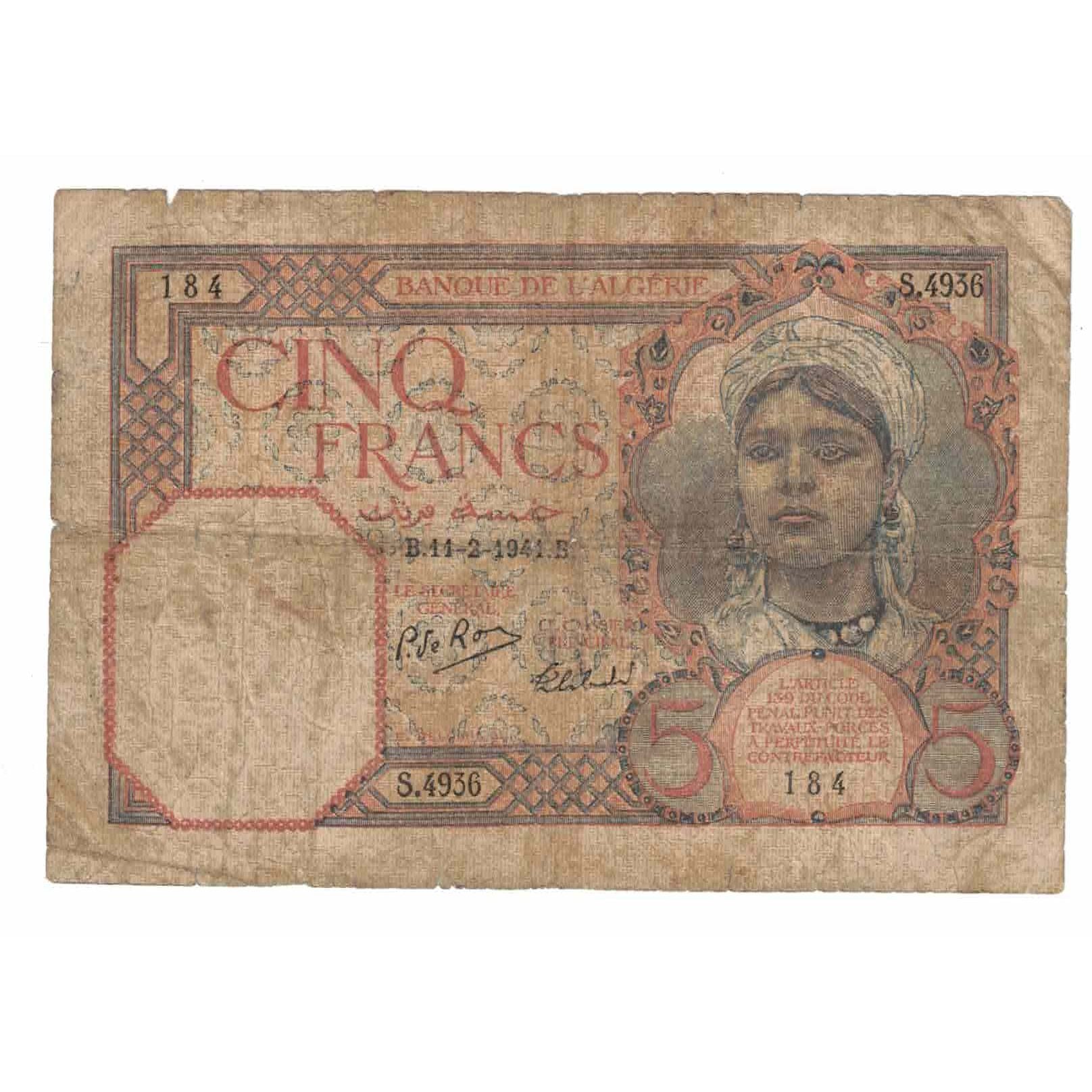 Banknote, Algeria, 5 Francs, 1941, 1941-02-11, KM:77b, VG(8-10)