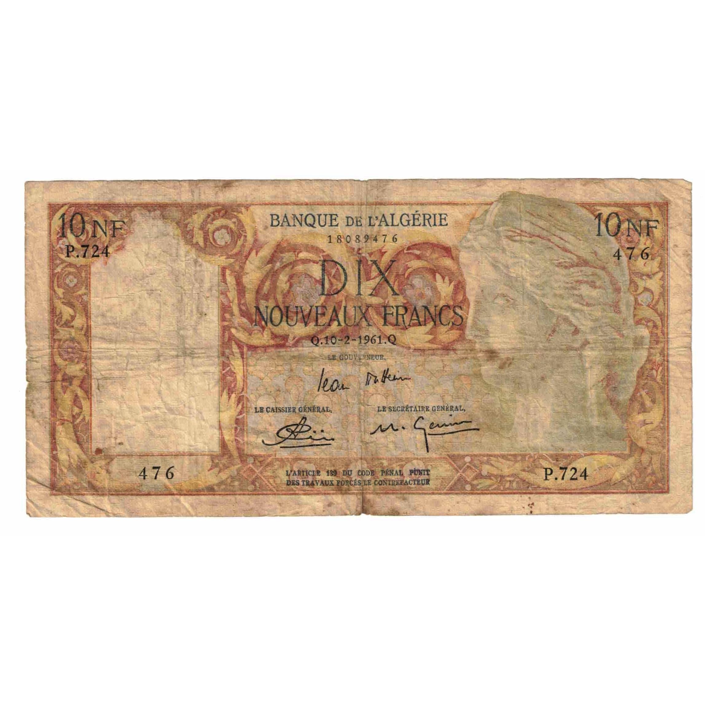 Banknote, Algeria, 10 Nouveaux Francs, 1961, 1961-02-10, KM:119a, VG(8-10)