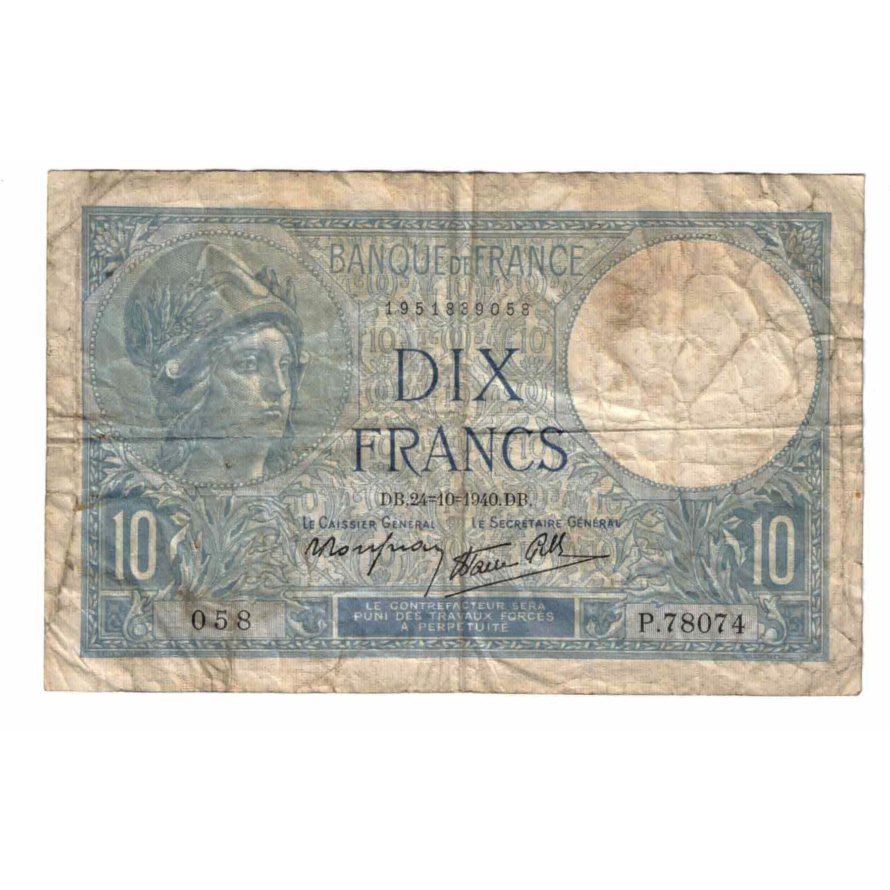 France, 10 Francs, Minerve, 1940, P.78074, VF(20-25), KM:84