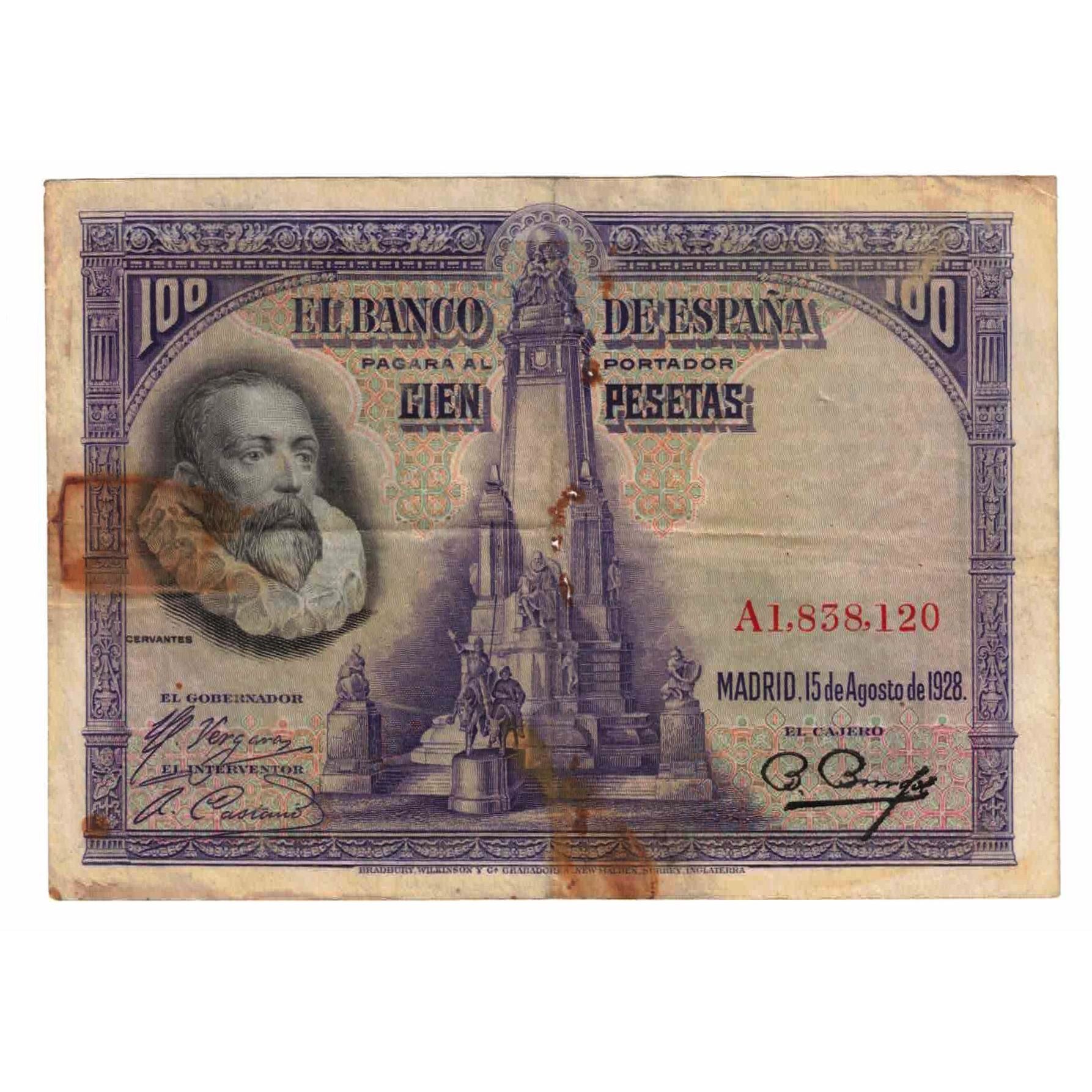 Banknot, Hiszpania, 100 Pesetas, 1928, 1928-08-15, KM:76a, VF(20-25)