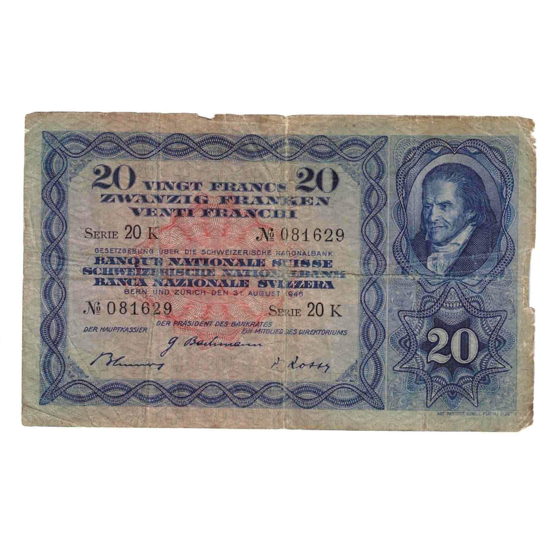 Banconote, Svizzera, 20 Franken, 1946, 1946-08-31, KM:39o, MB