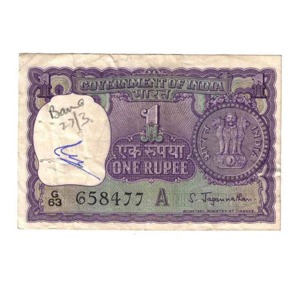 Geldschein, India, 1 Rupee, 1967, KM:77b, SS