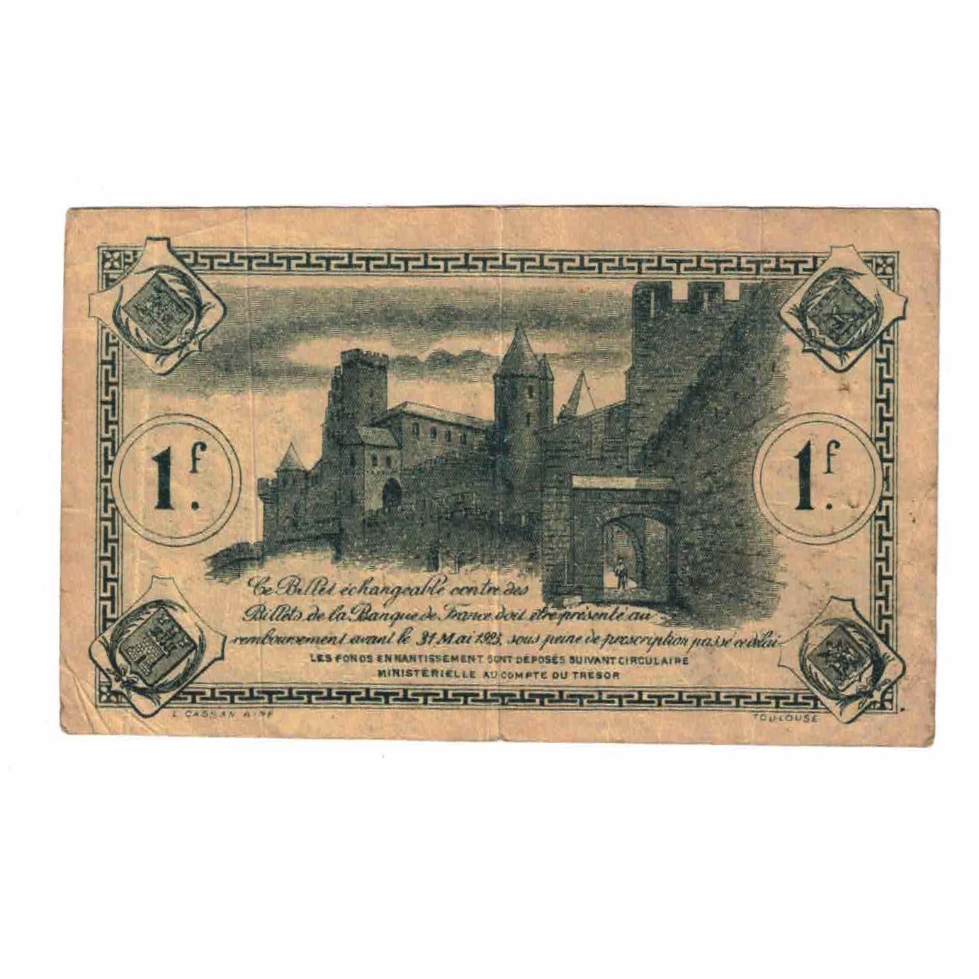 France, Carcassonne, 1 Franc, 1922, Chambre de Commerce, VF(20-25)
