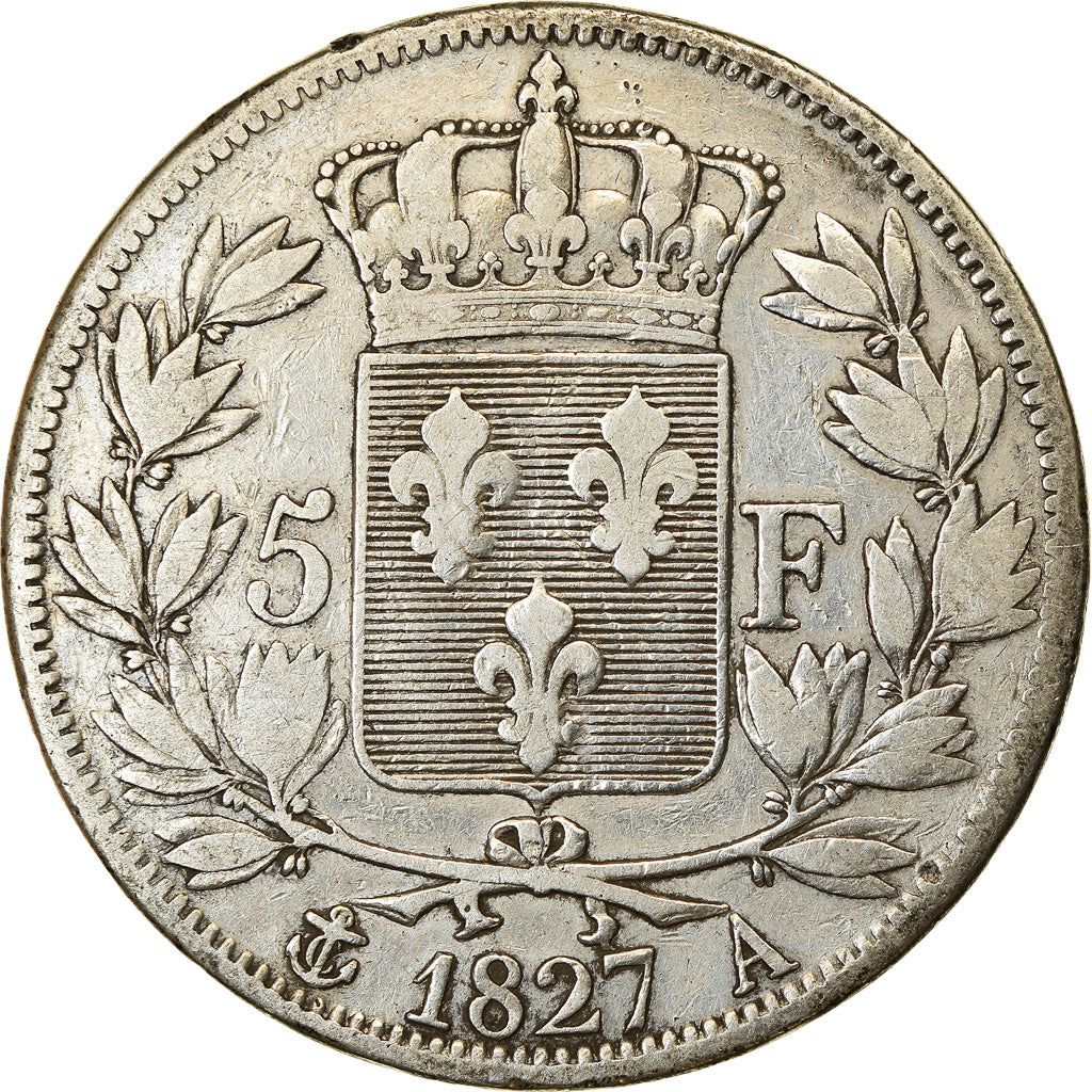Coin, France, Charles X, 5 Francs, 1827, Paris, VF(20-25), Silver, KM:728.1