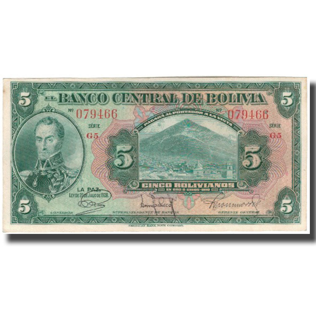 Banknote, Bolivia, 5 Bolivianos, 1928-07-20, KM:120A, AU(55-58)